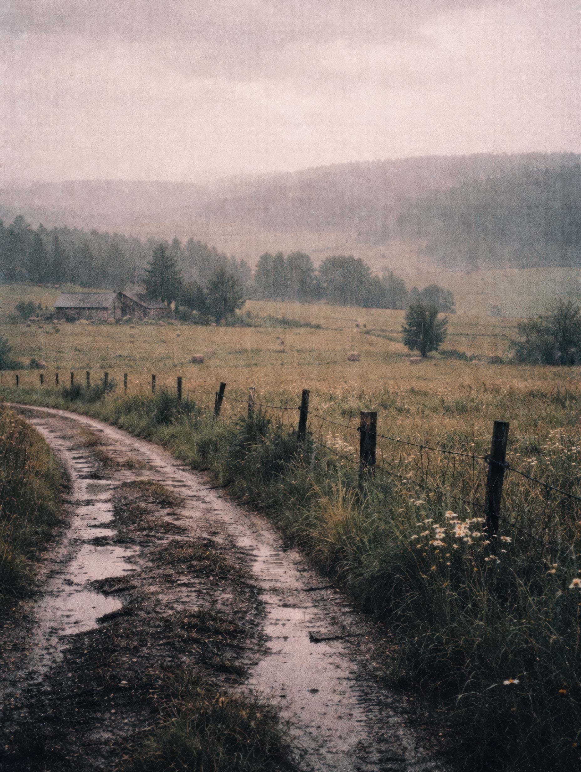 Rustic Path Through Misty Countryside Landscape Wall Art