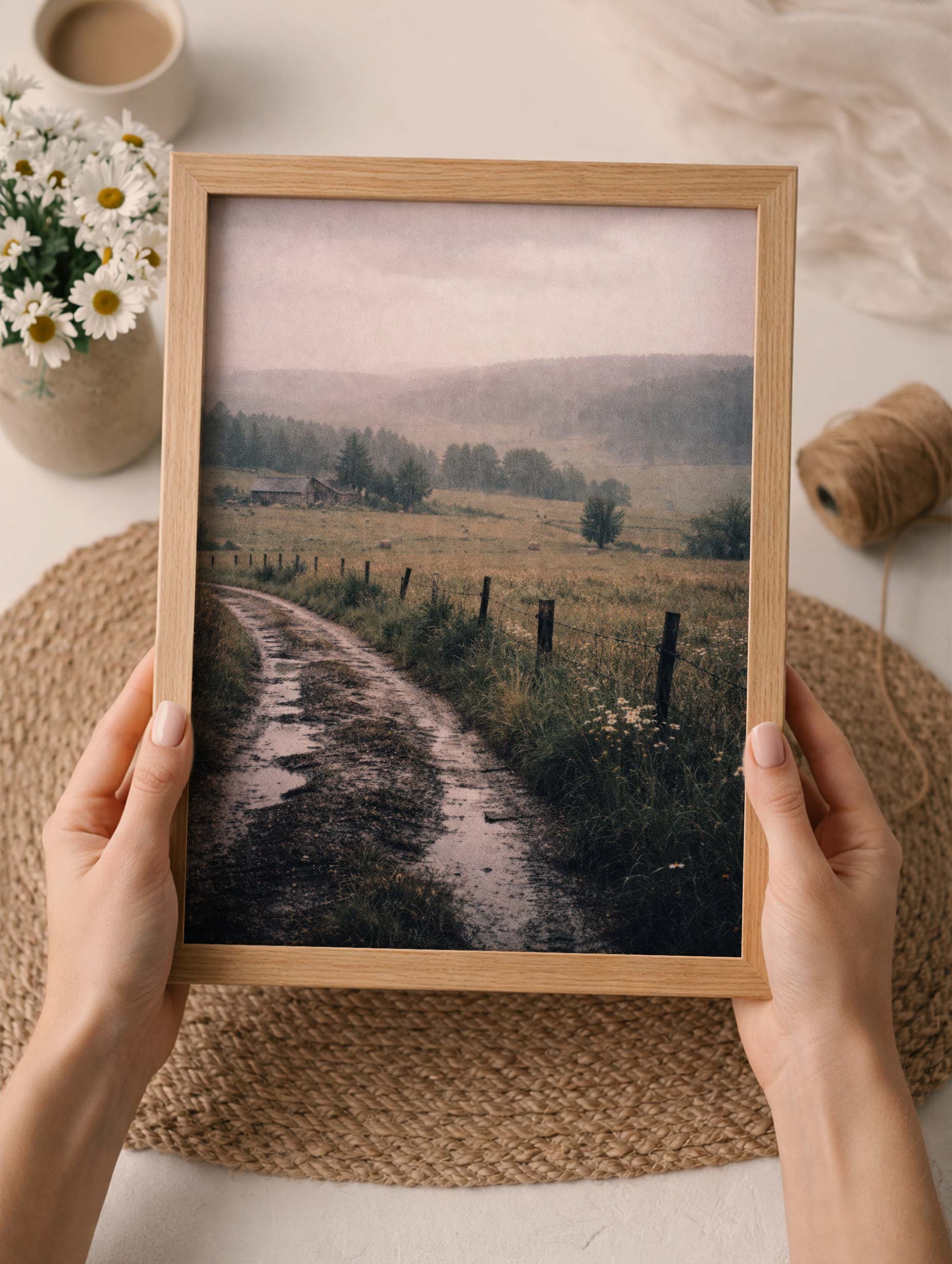Rustic Path Through Misty Countryside Landscape Wall Art Mockup