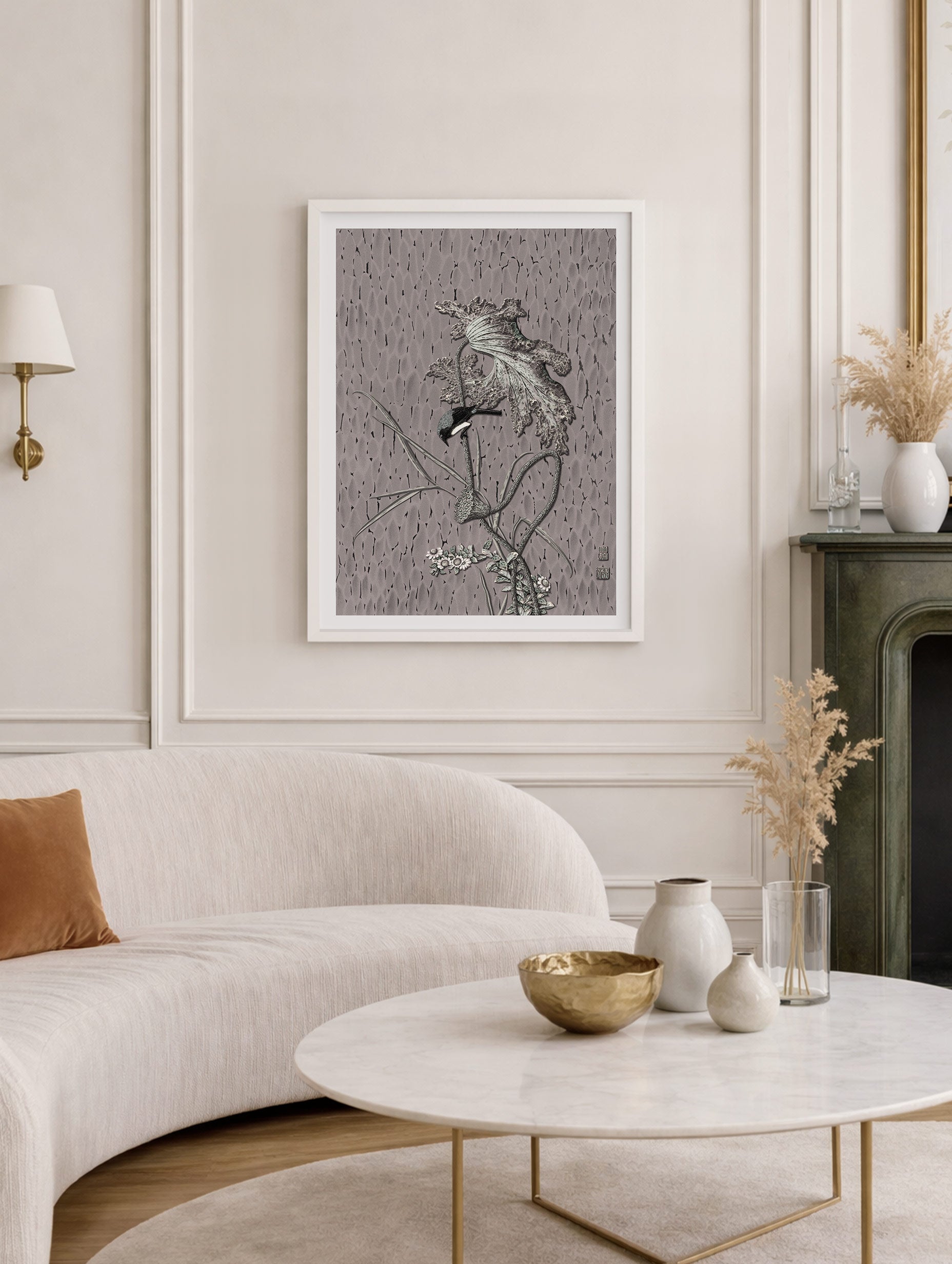 Wagtail on Lotus Ohara Koson Japanese Art Print Mockup