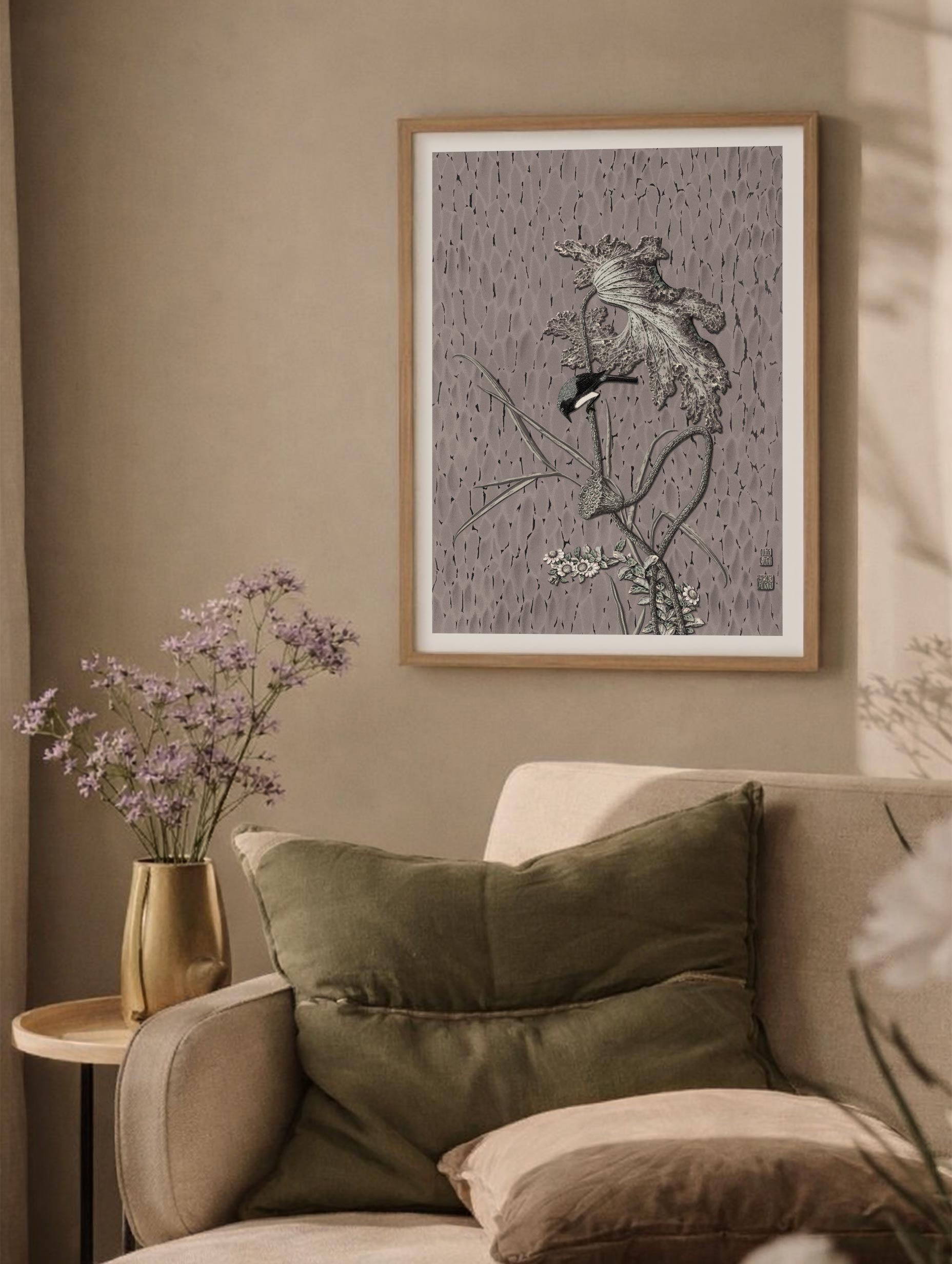 Wagtail on Lotus Ohara Koson Japanese Art Print Mockup