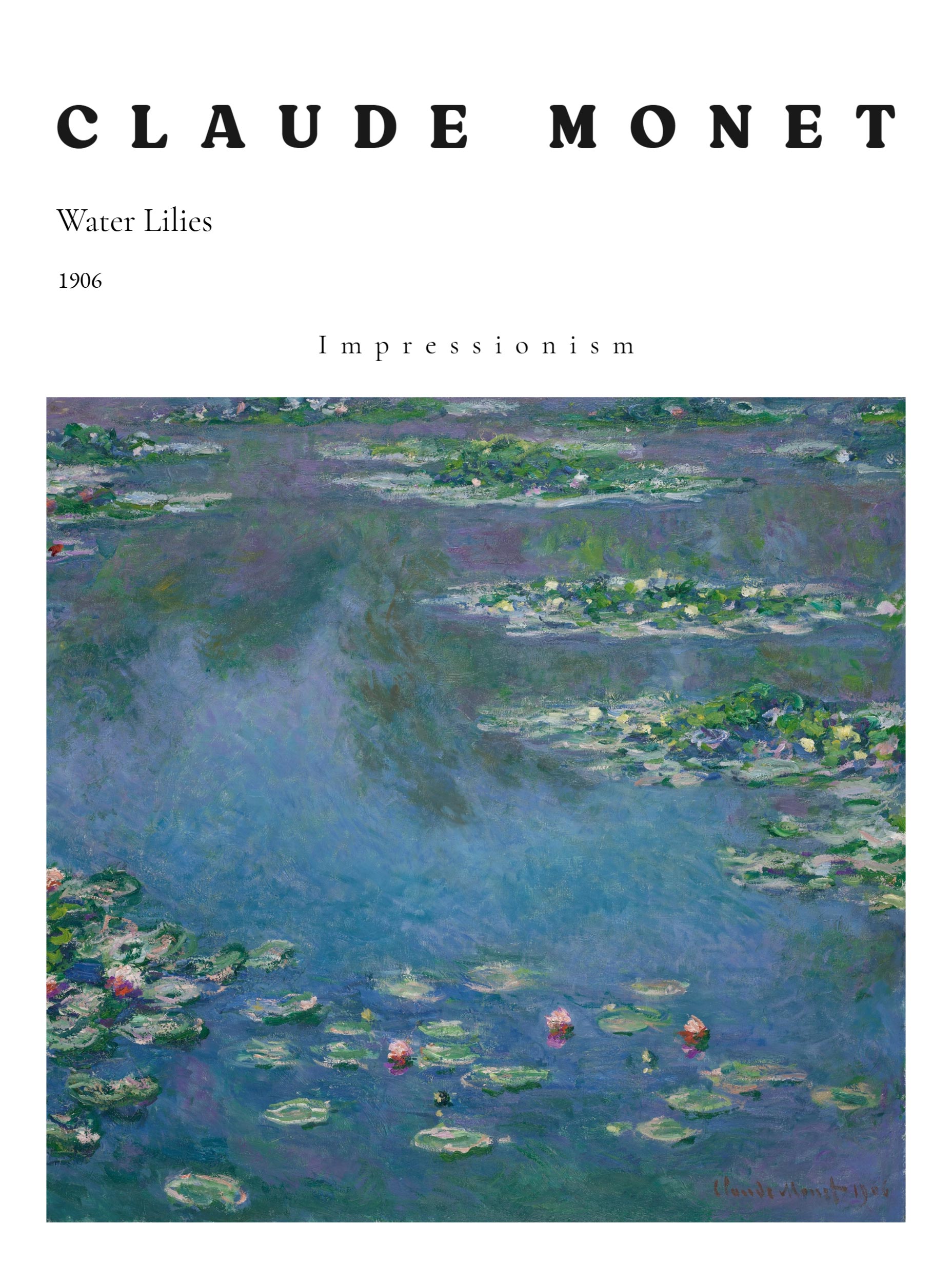 Painting of water lilies by Claude Monet with text indicating the artist and painting title.