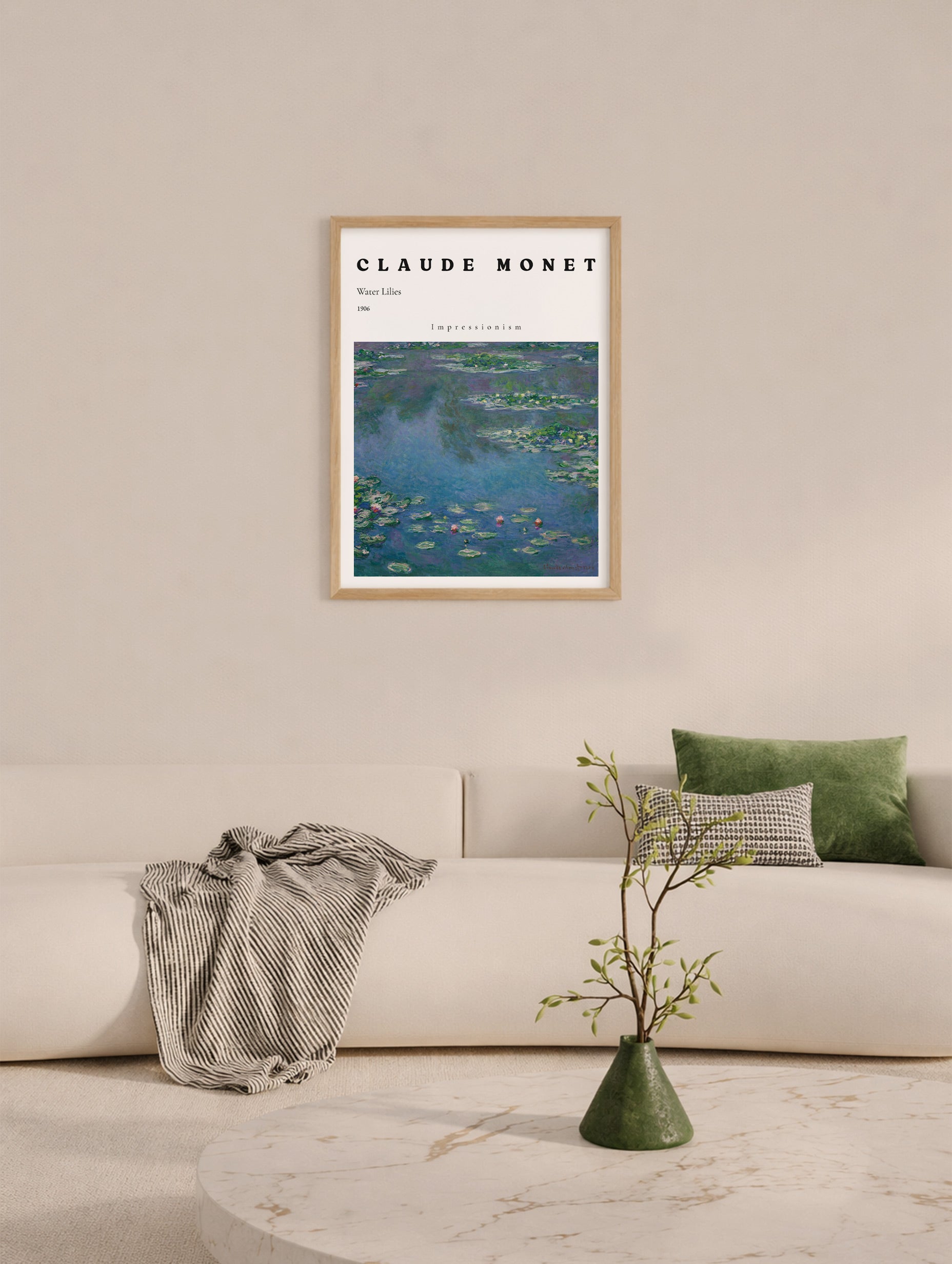Framed artwork of a famous painting by Claude Monet in a living room setting.