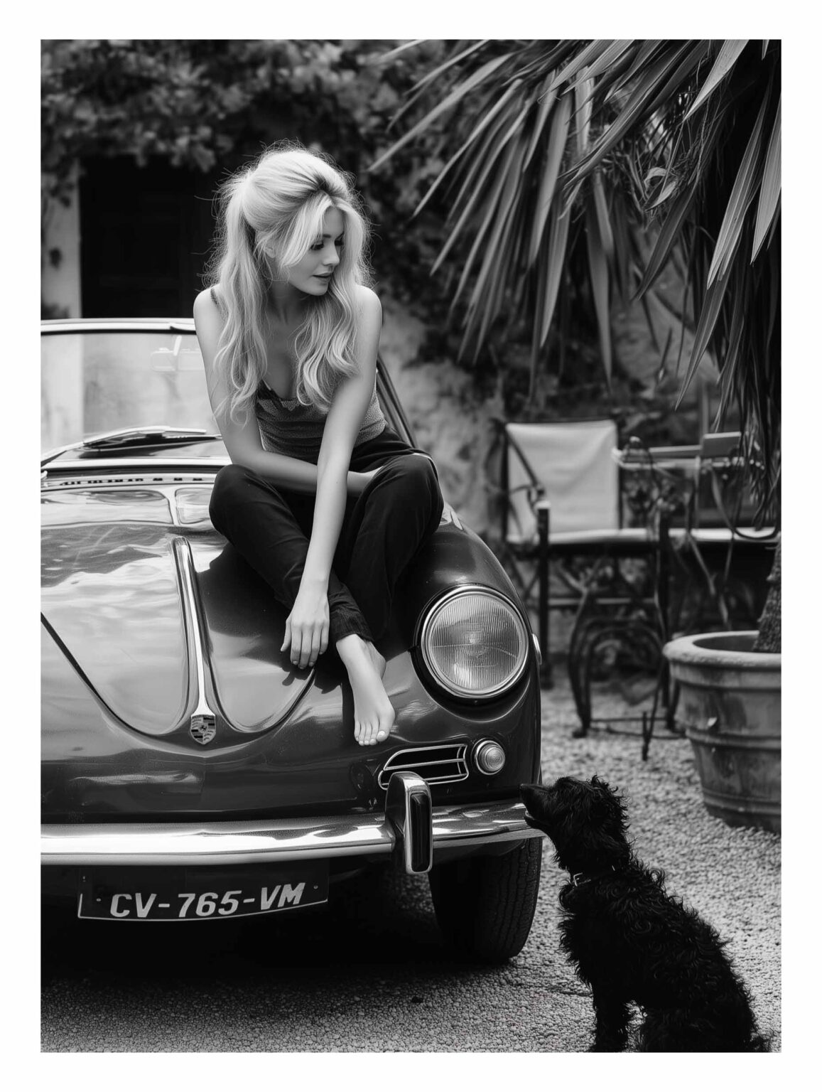 Classic car, woman & playful-dog
