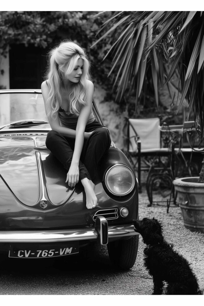 Classic car, woman & playful-dog