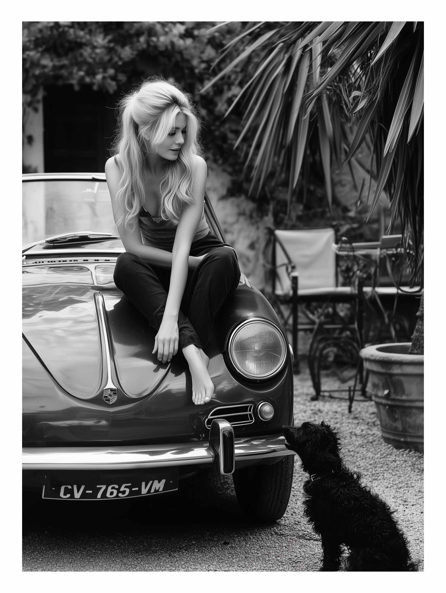 Classic car, woman & playful-dog