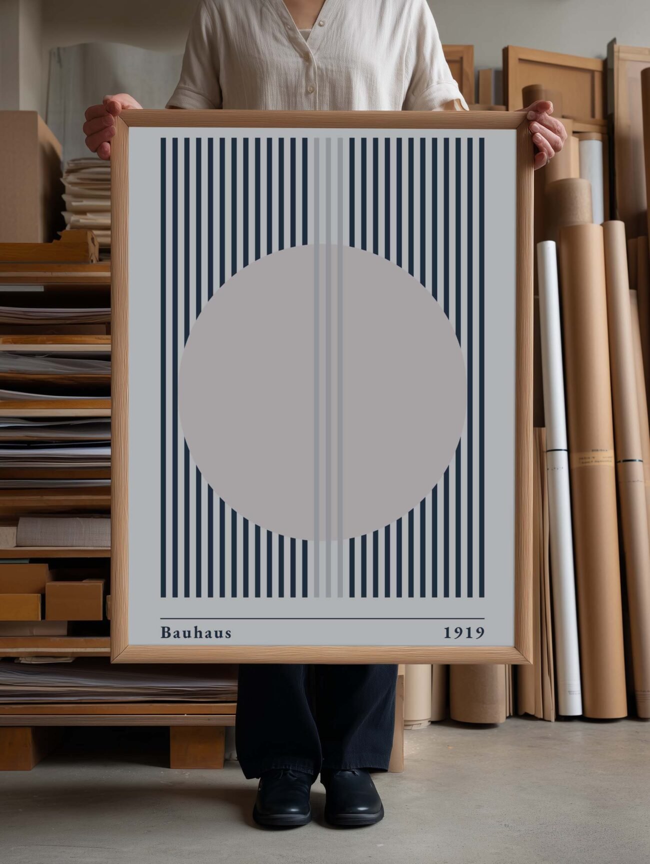 Beige circle under stripes – Modern Bauhaus Geometry Poster - Image 2