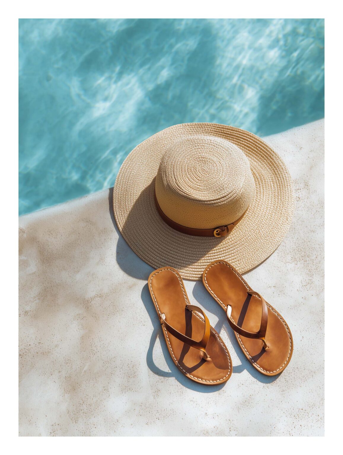 Straw hat and sandals by pool