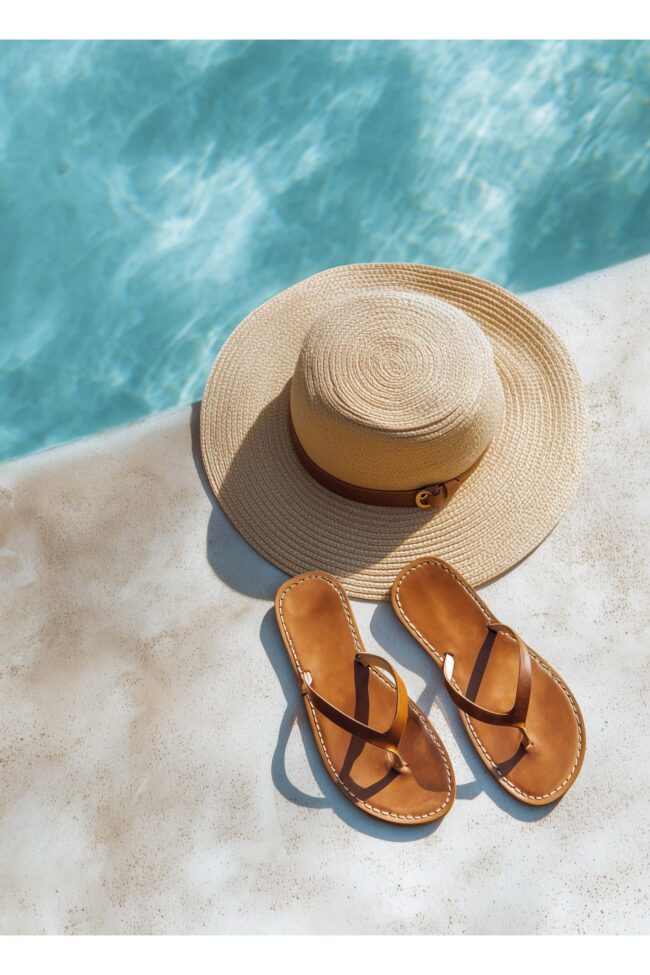Straw hat and sandals by pool