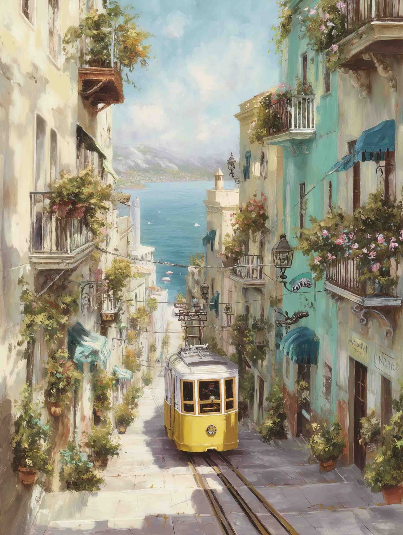 Sunlit Tram on Pastels – Mediterranean Coastal Poster