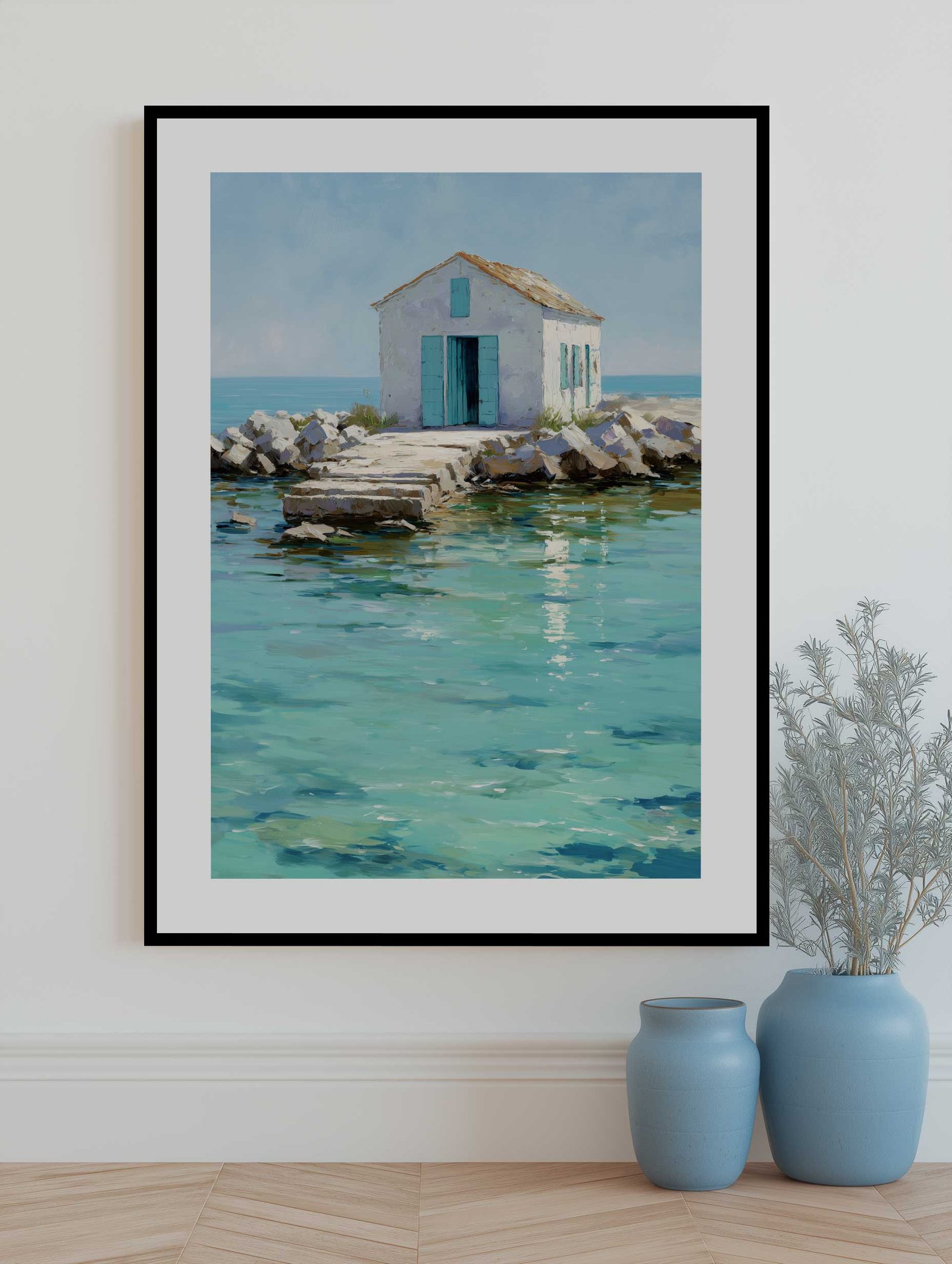 Seaside White Cottage – Mediterranean Calm Poster - Image 2