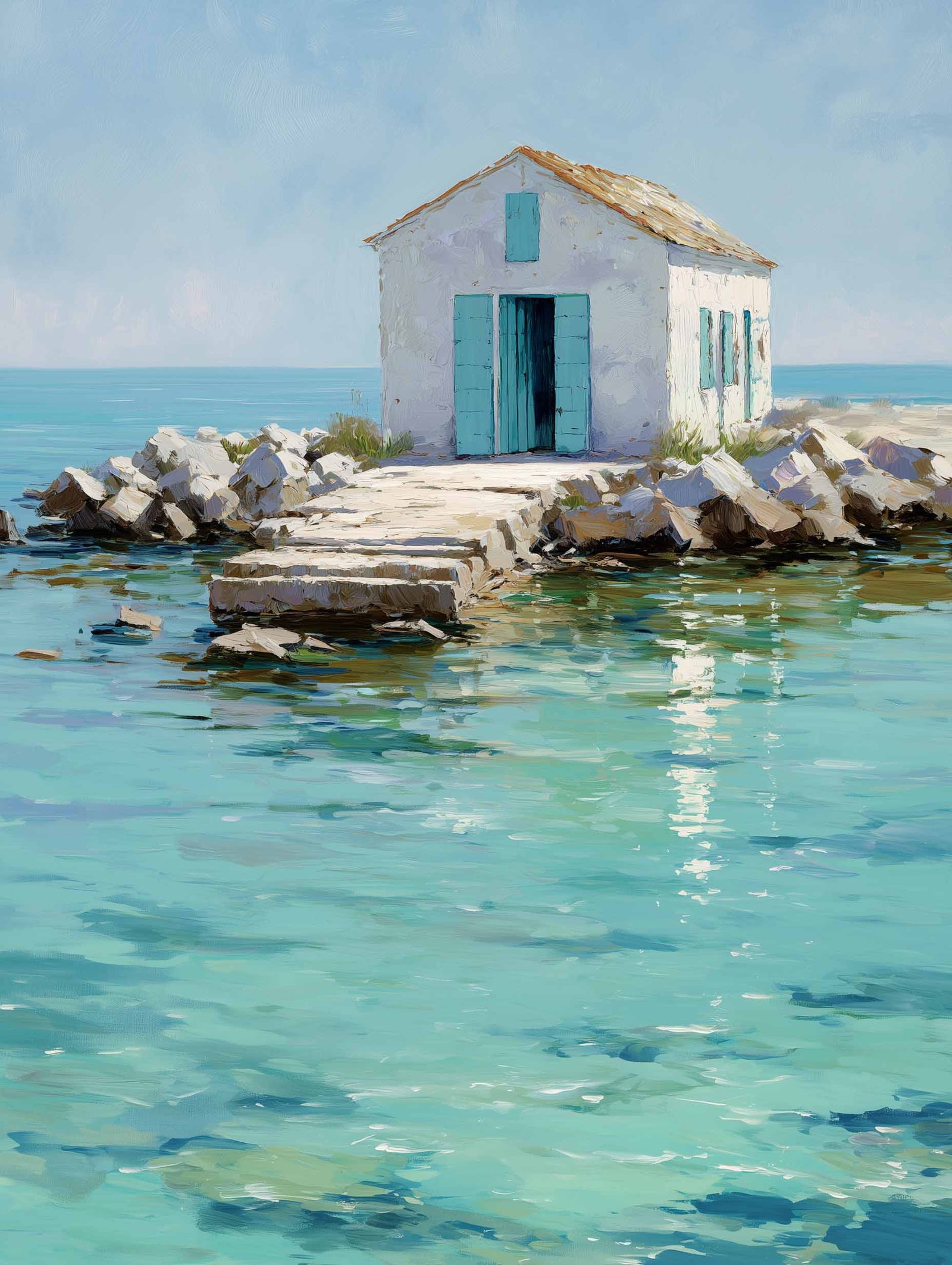 Seaside White Cottage – Mediterranean Calm Poster