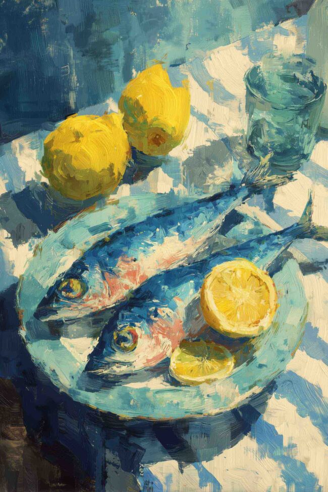 Ghibli-styled gouache painting poster of two sardines and fresh lemons on a plate