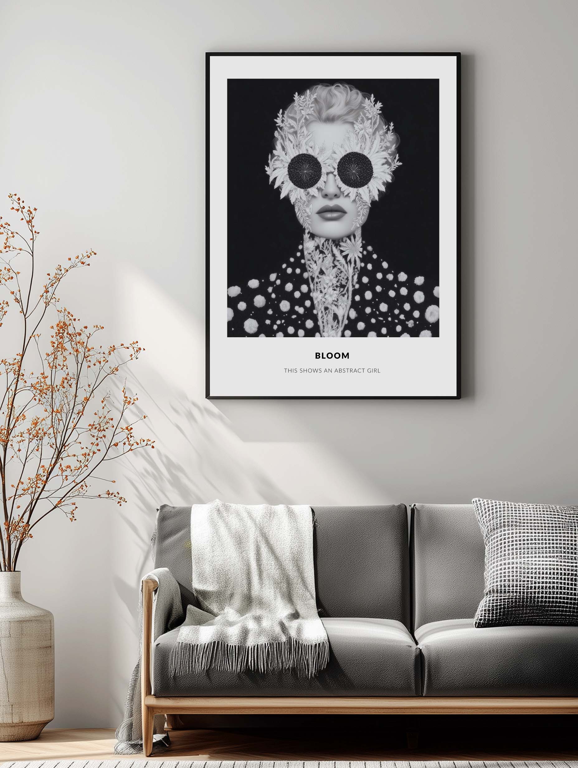 Surreal Fashion – Floral Woman Black and White Art Poster - Image 2