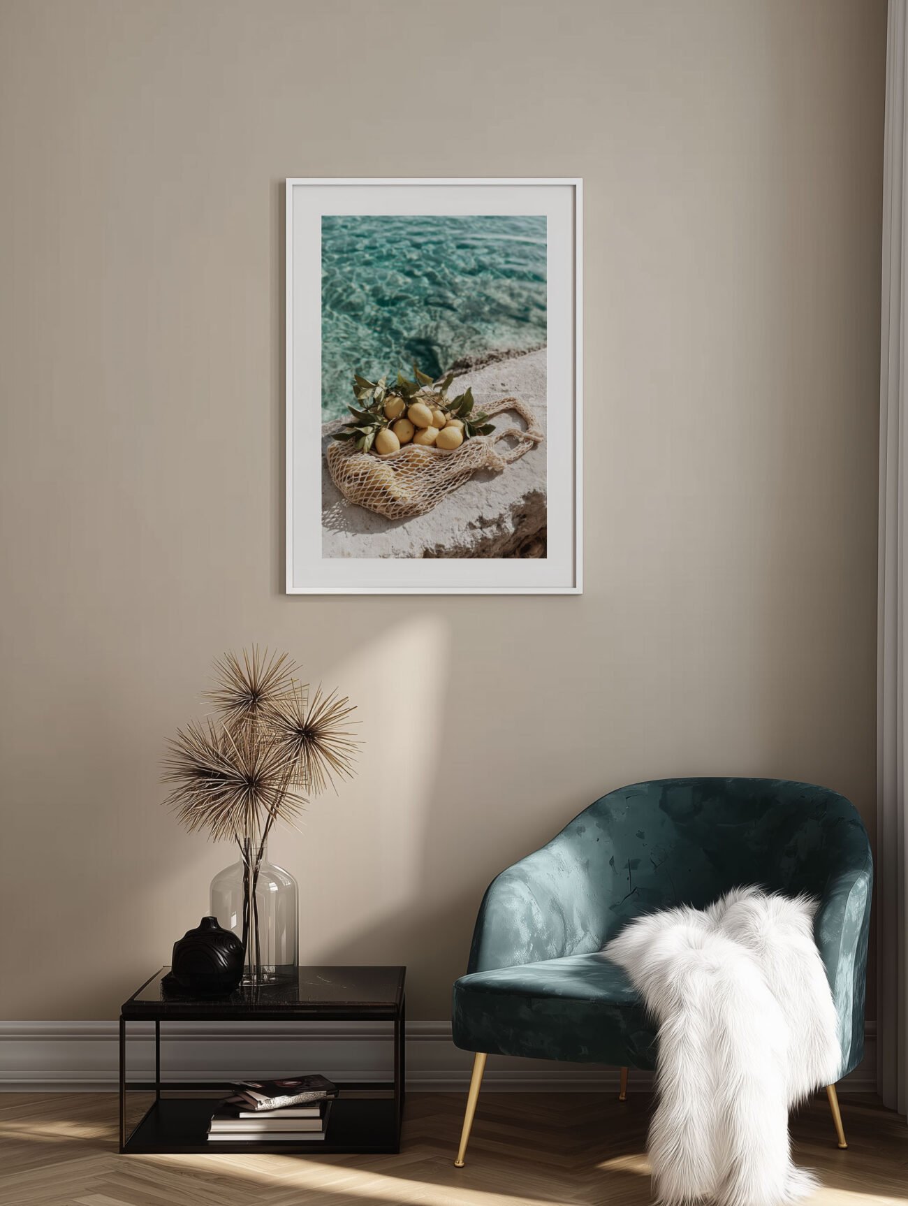 Lemons in Mesh Bag – Sunlit Seaside Art Poster - Image 2