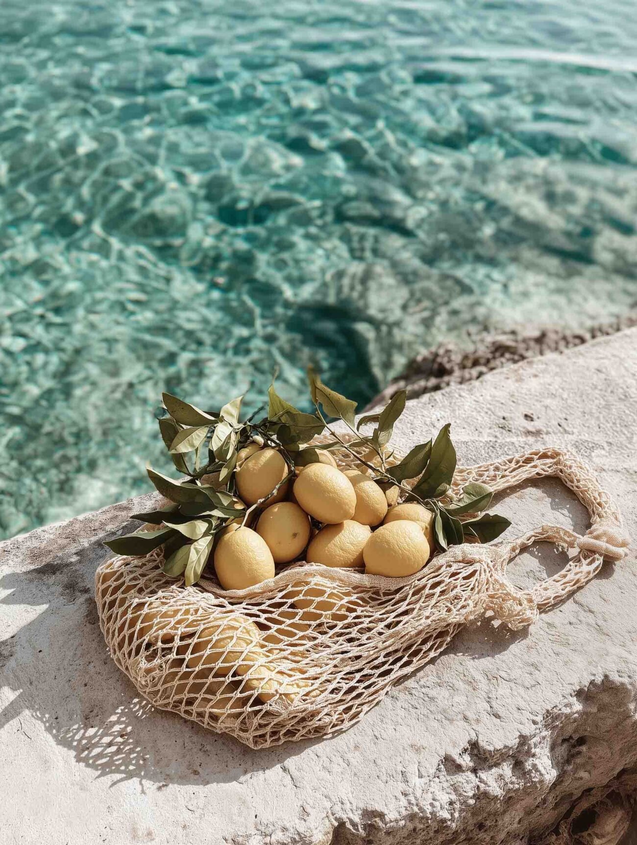 Lemons in Mesh Bag – Sunlit Seaside Art Poster