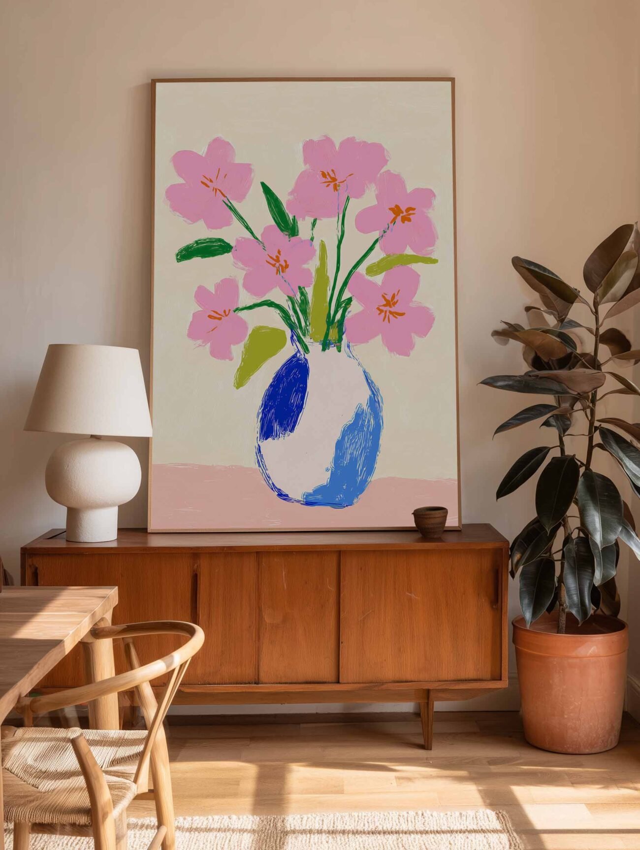 Pink Flowers in Colorful Vase – Wall Art Painting Poster - Image 2