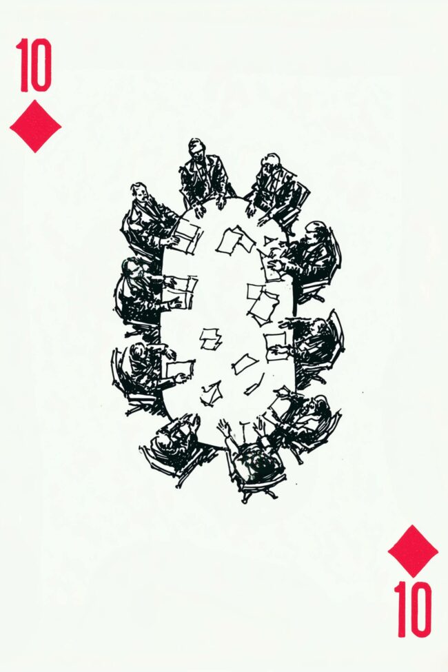 Poster of a vintage 10 of Diamonds with a meeting sketch