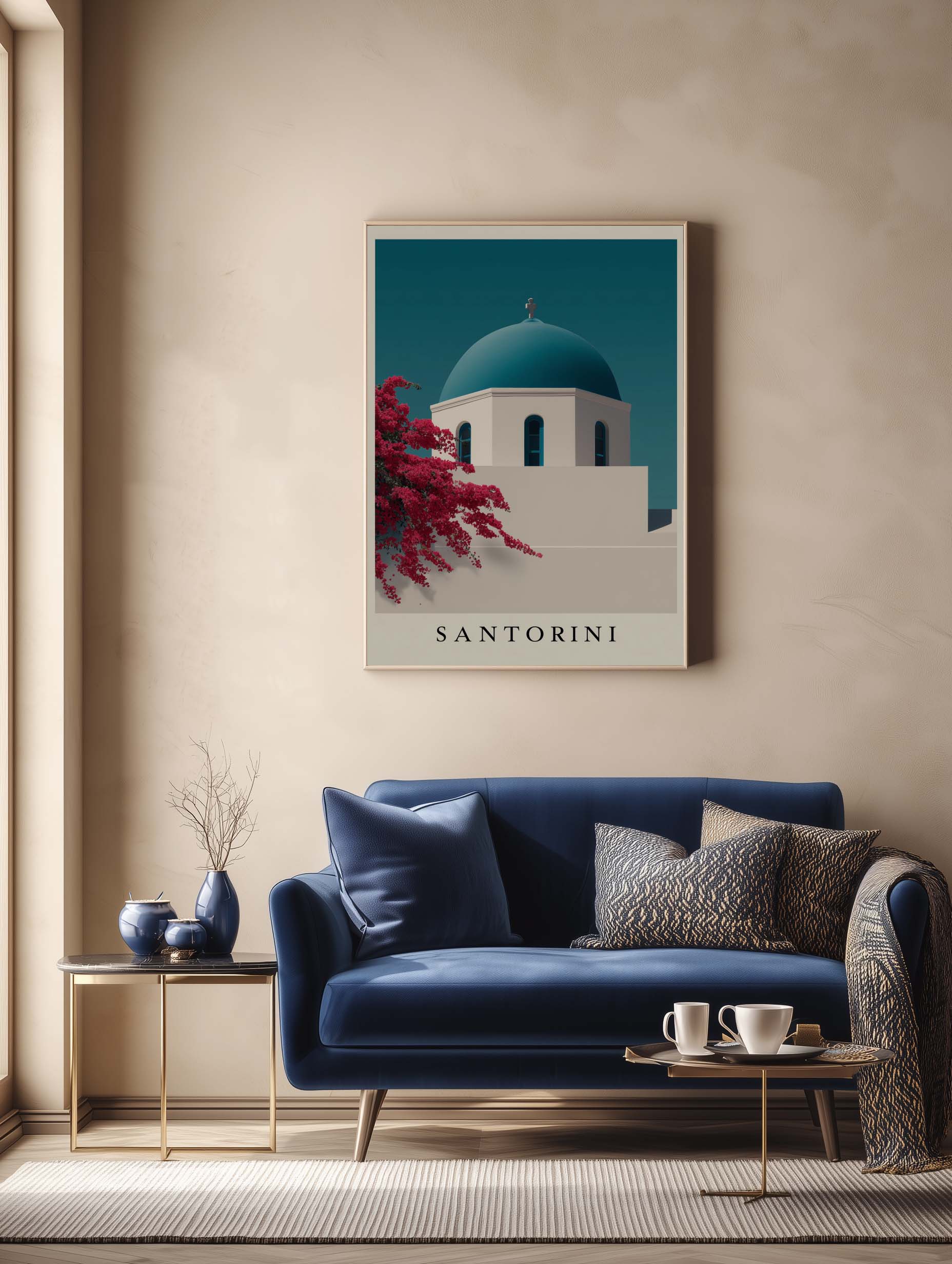 Santorini dome and blooms – Minimalist Travel Poster - Image 2
