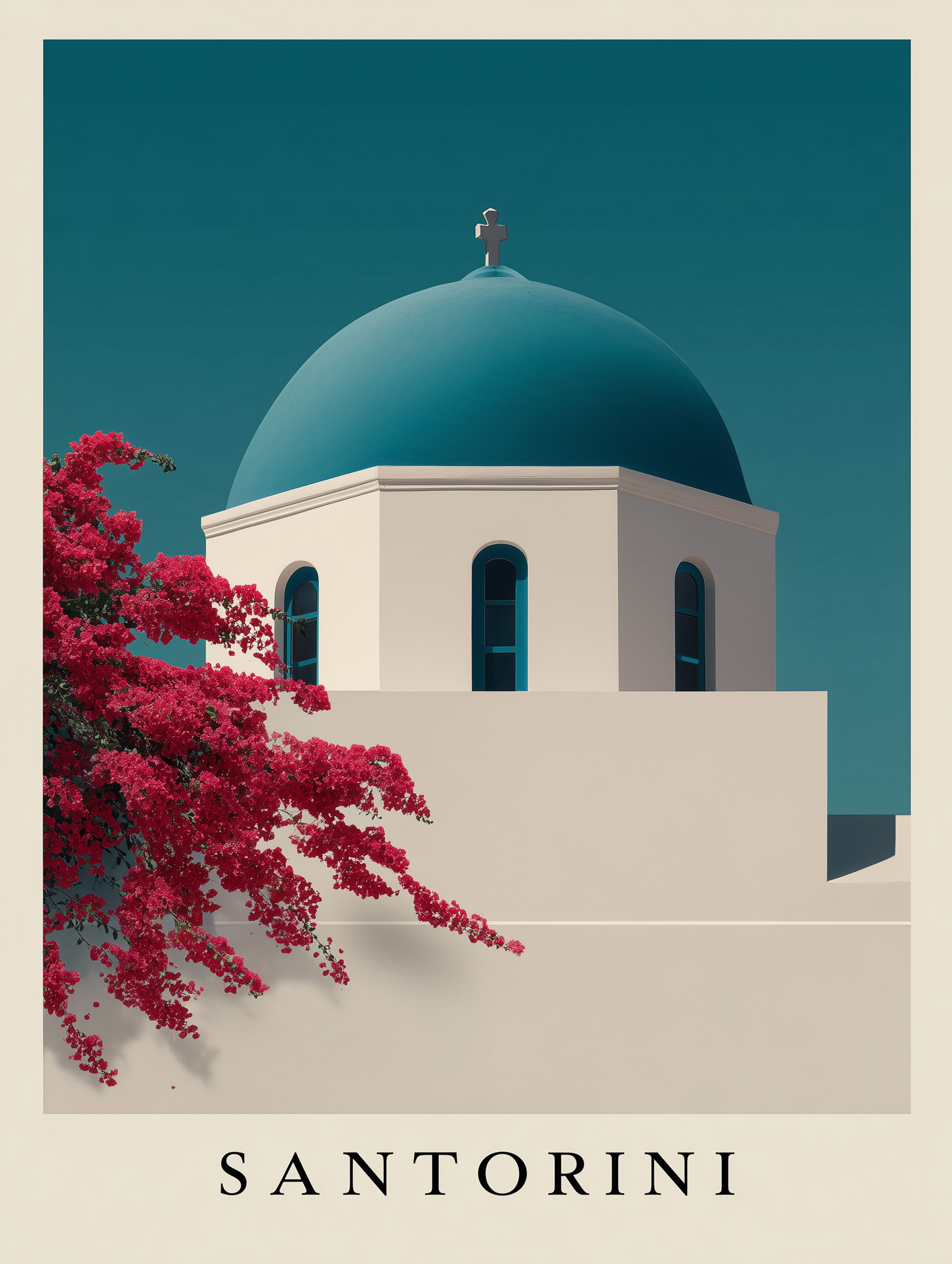 Santorini dome and blooms – Minimalist Travel Poster