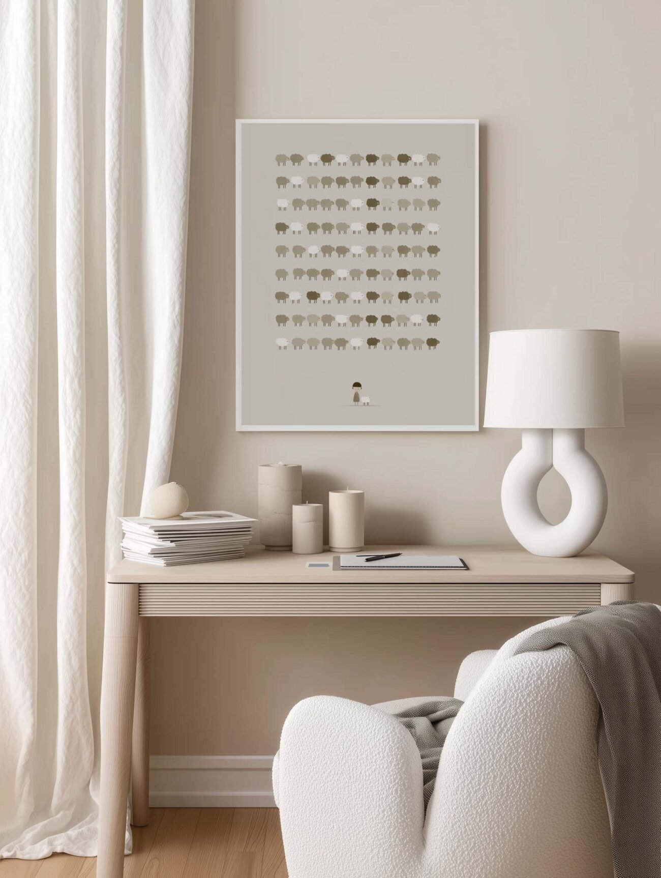 Peaceful Flock – Hundred Simple Sheep and Shepherd Art Poster - Image 2