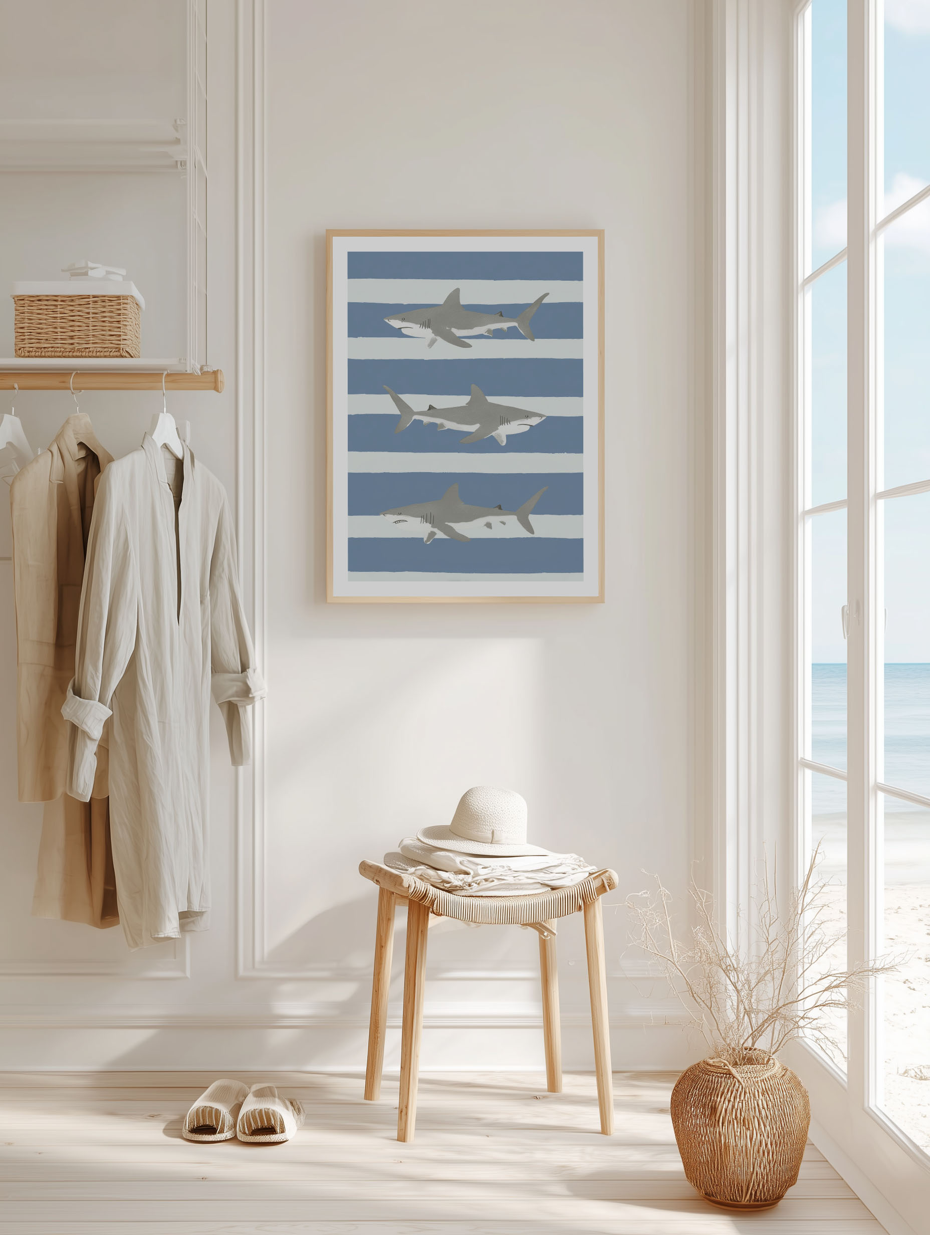 Ocean Stripes & Sharks – Minimalist Art Poster - Image 2