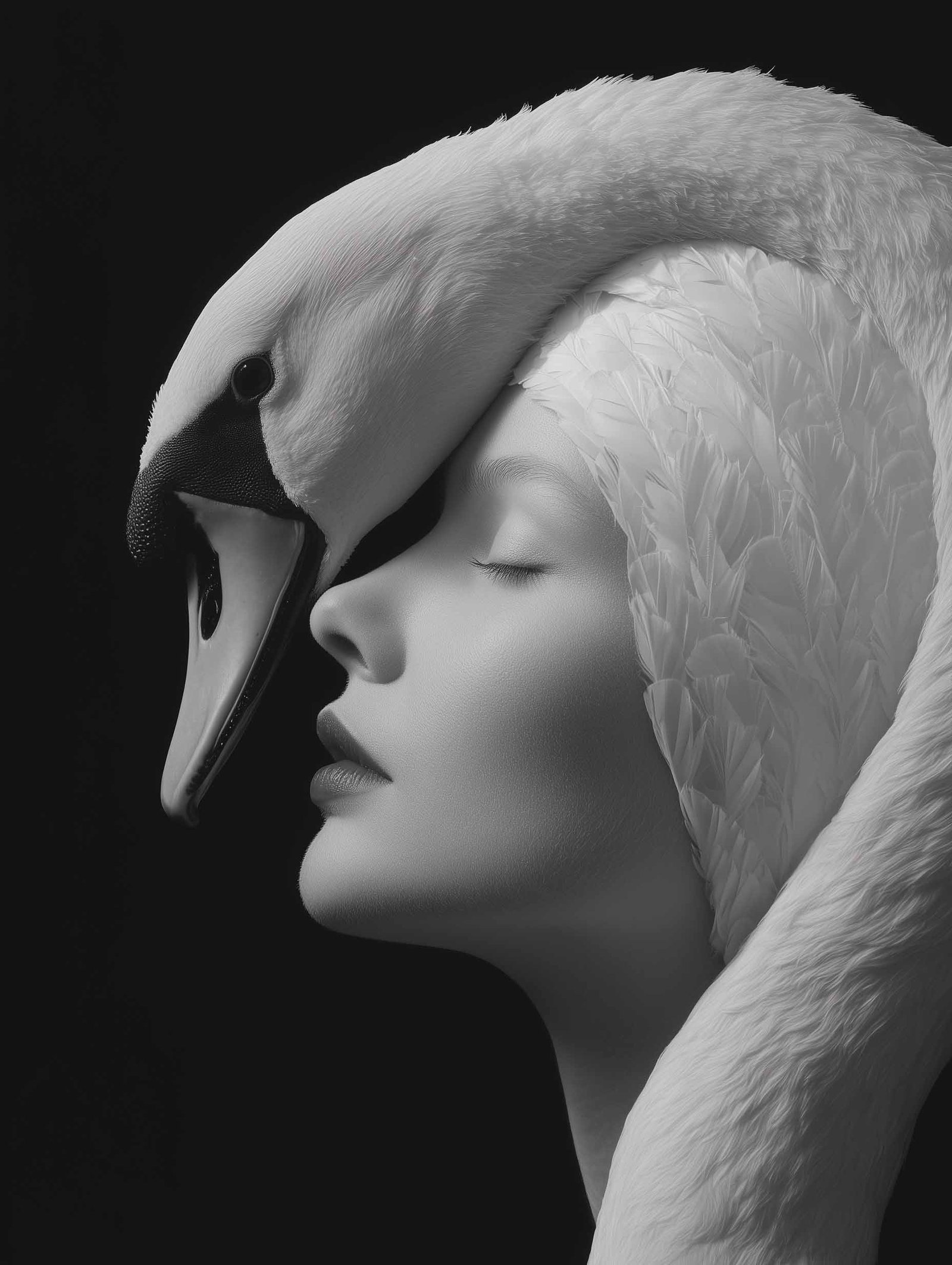 Woman and Swan – Surreal Monochrome Portrait Poster