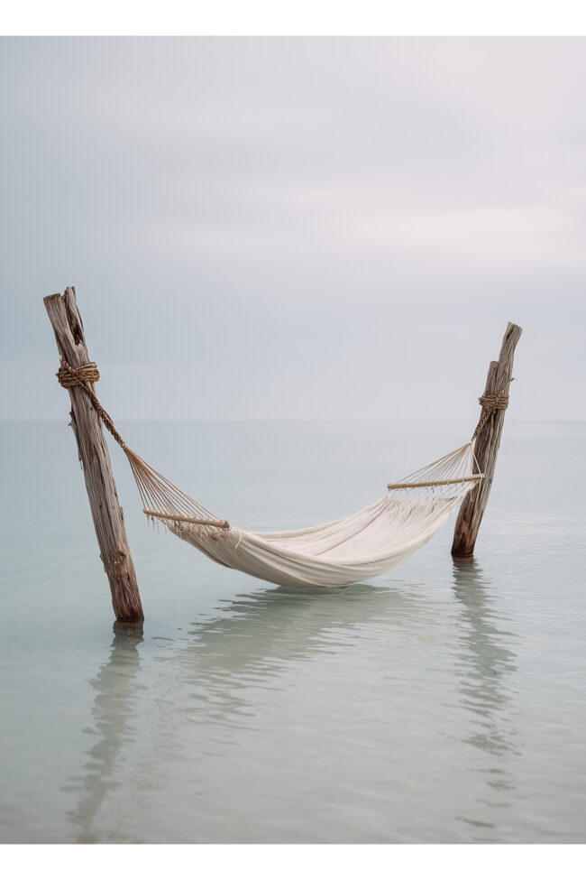 Hammock over calm ocean poster 