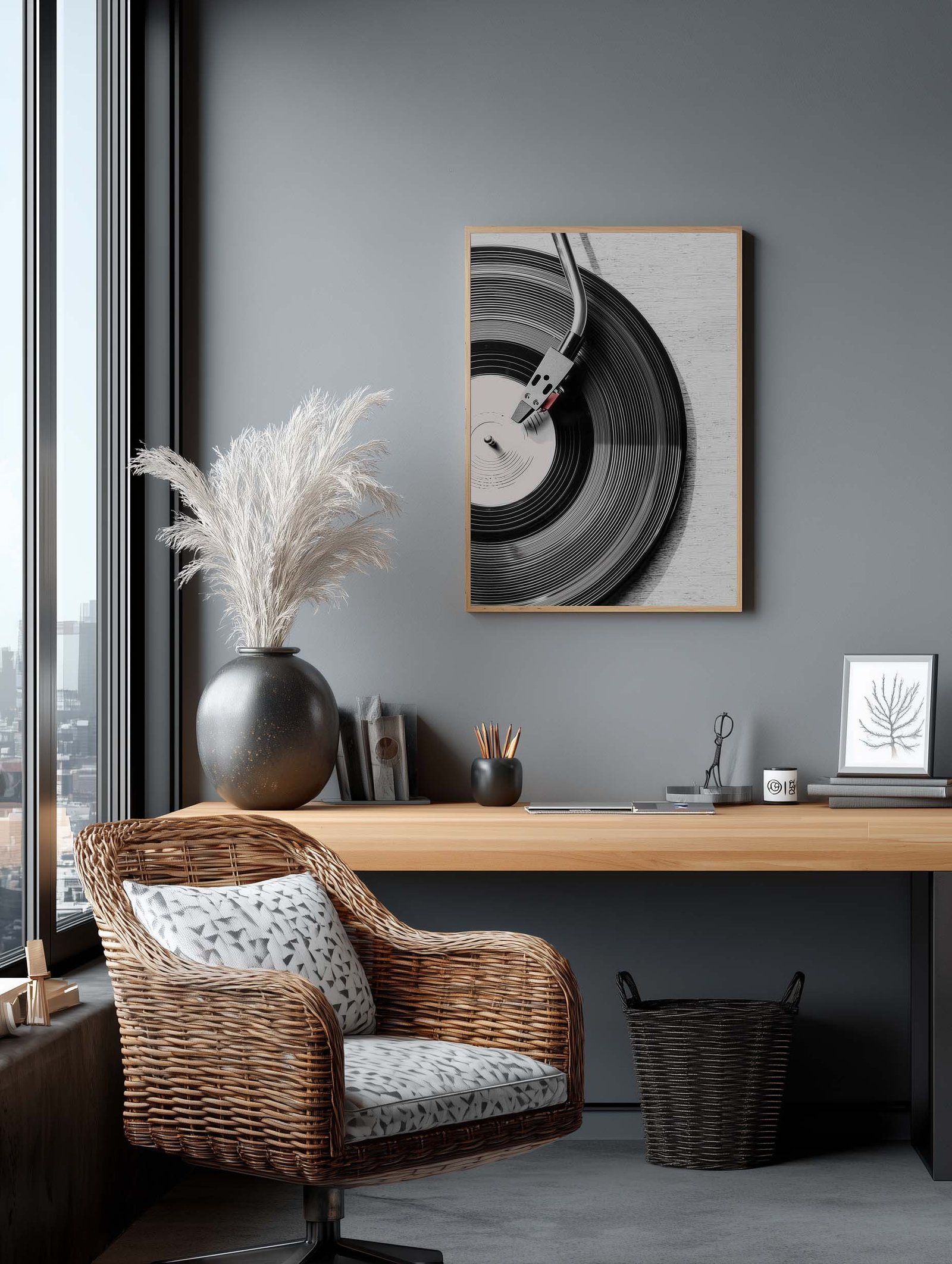 Vinyl Record Player– Retro Black & White Art Poster - Image 2
