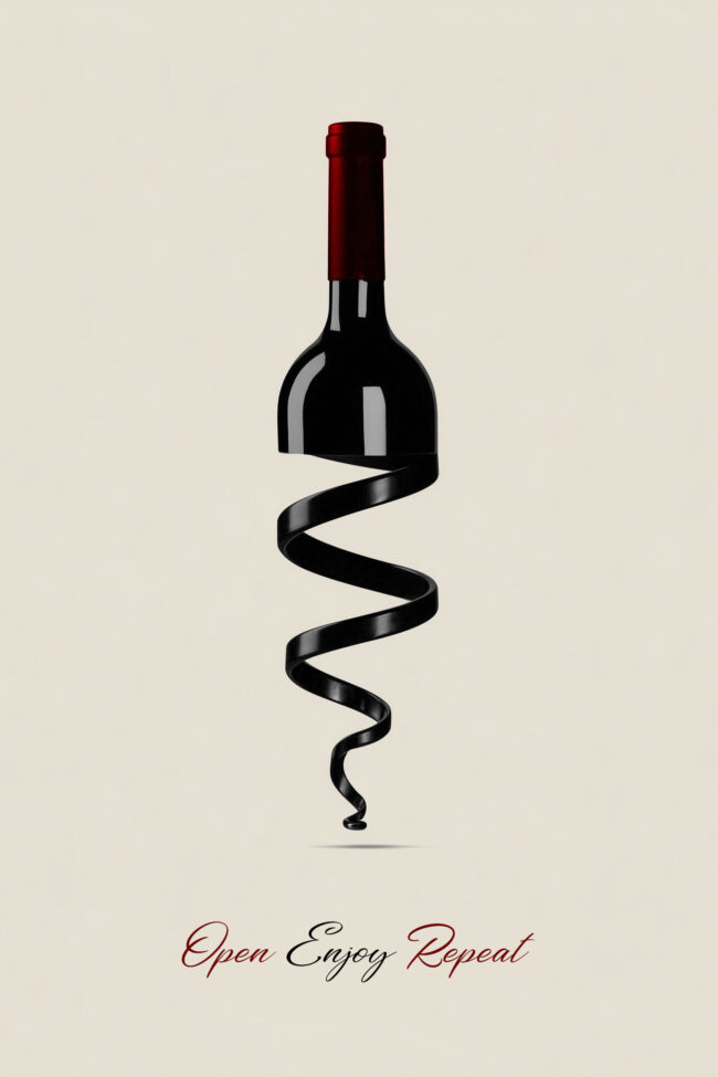 Graphic bottle and corkscrew