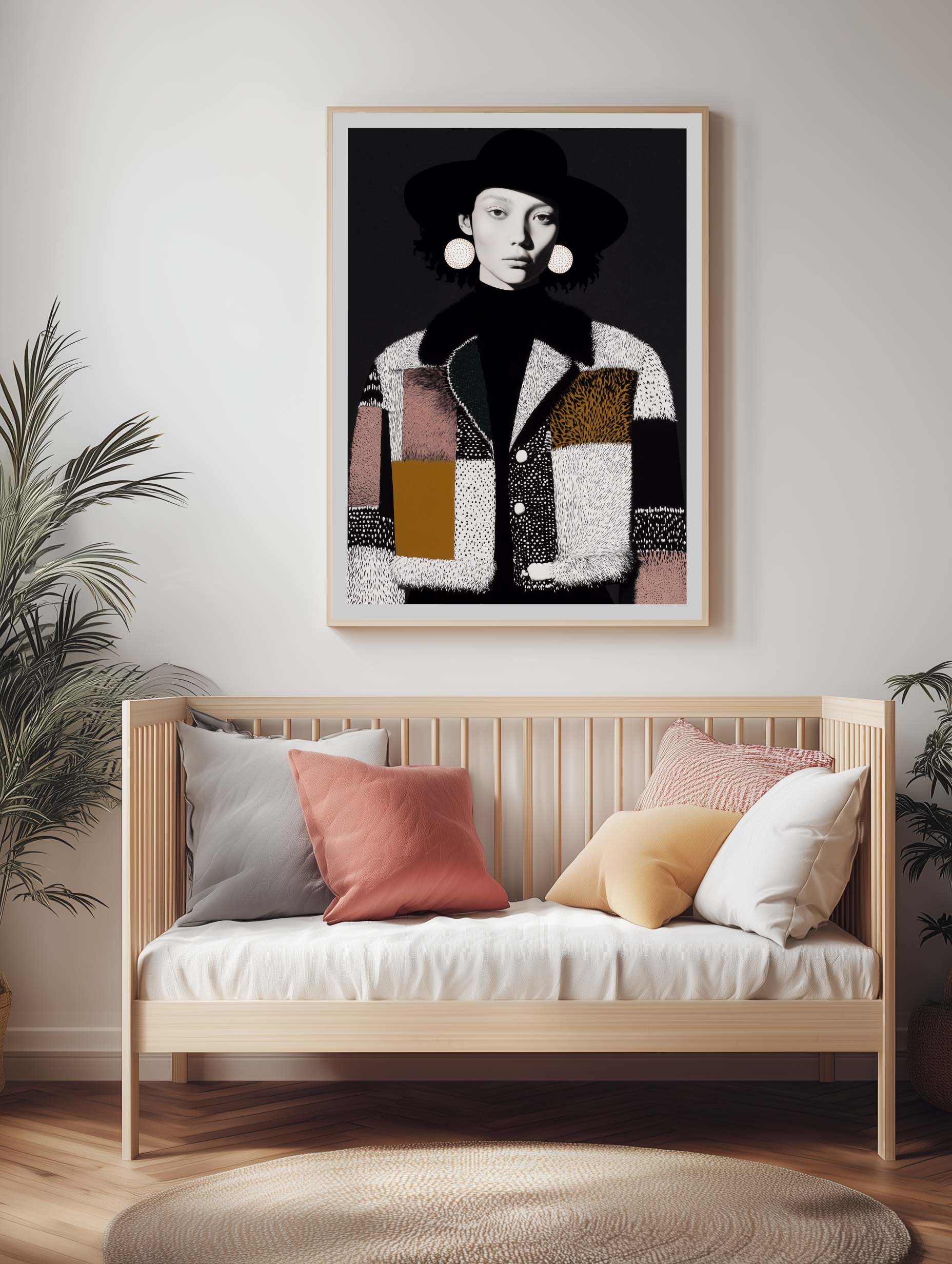 Bold Fashion – Woman in Patterned Coat & Hat Poster - Image 2