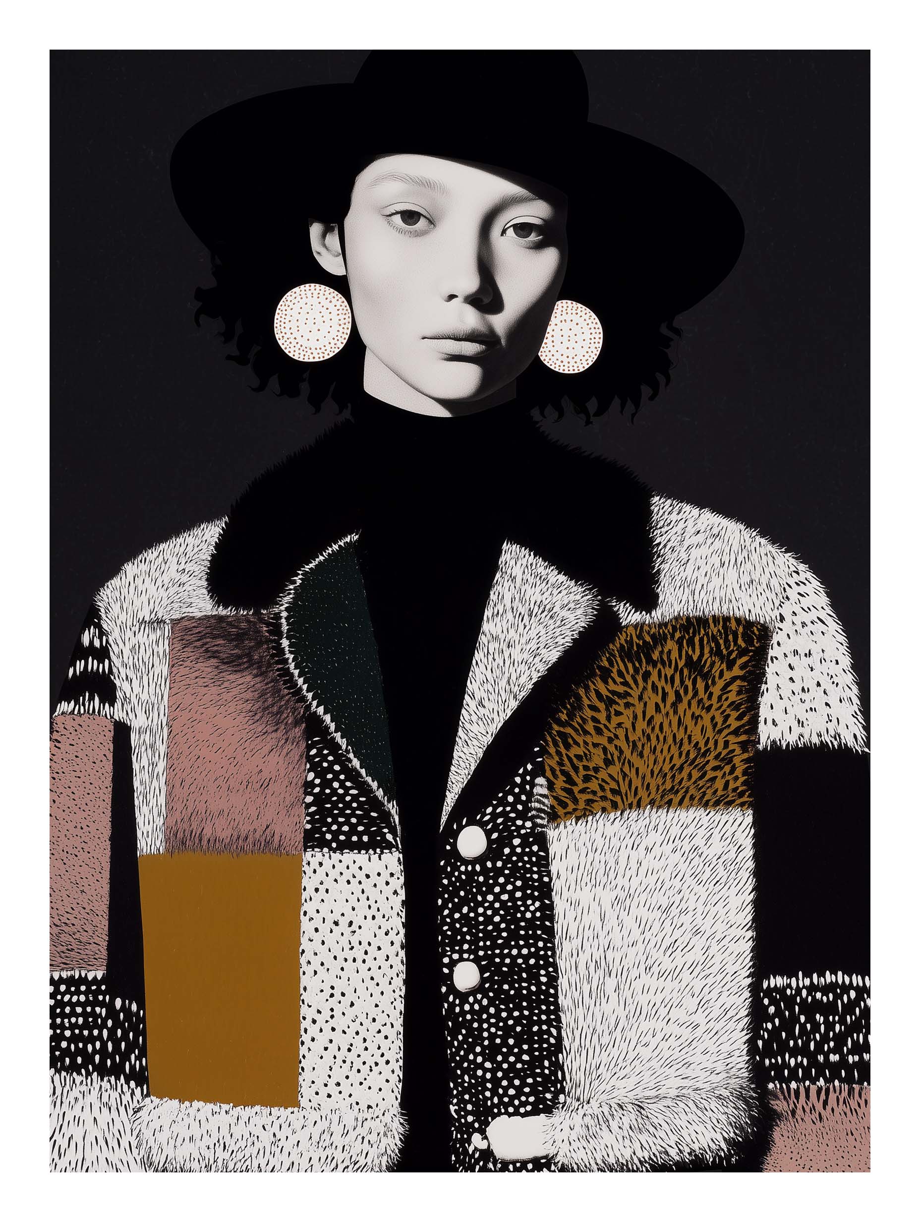 Bold Fashion – Woman in Patterned Coat & Hat Poster