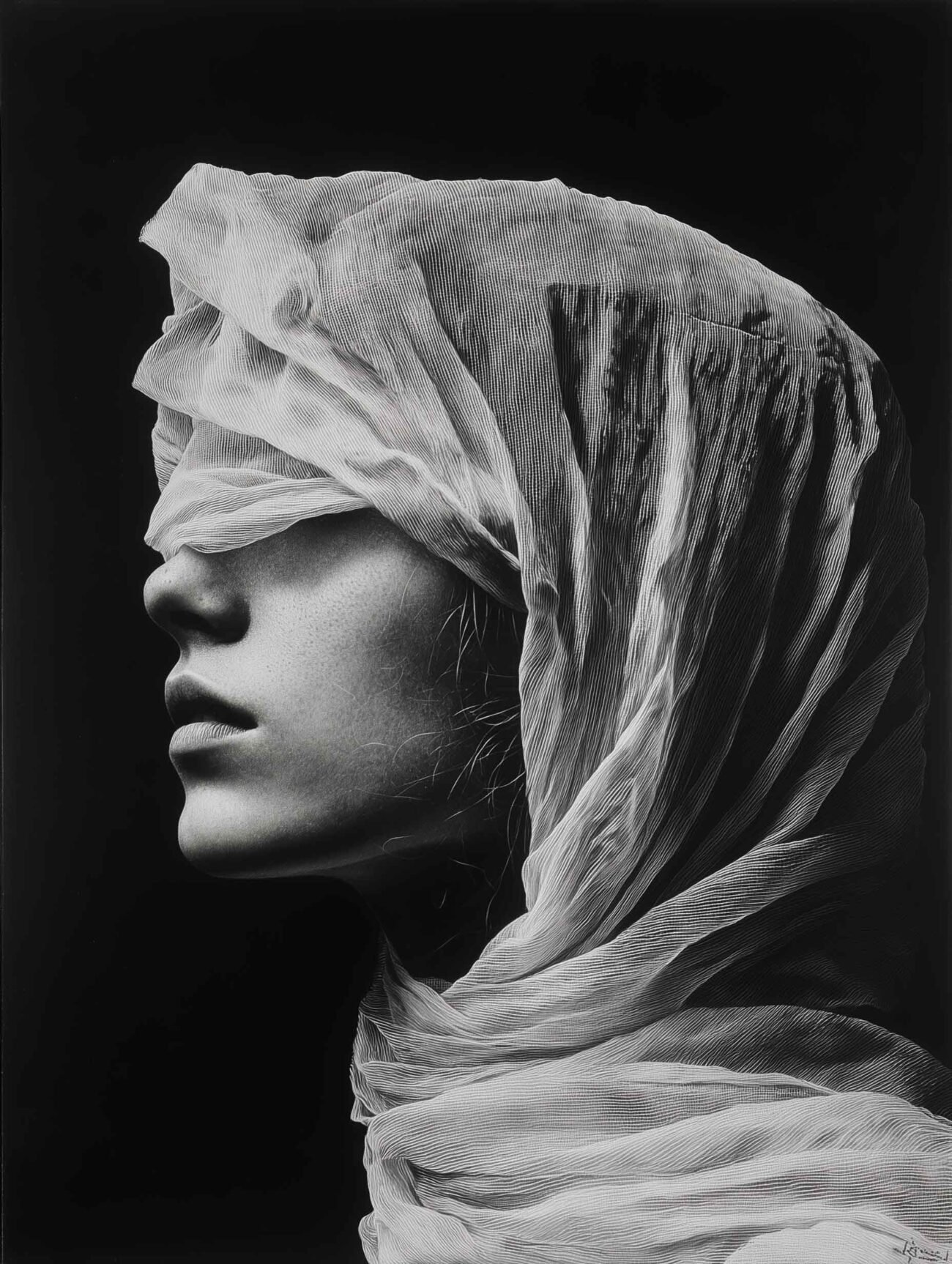 Woman in Translucent – Black and White Portrait Poster