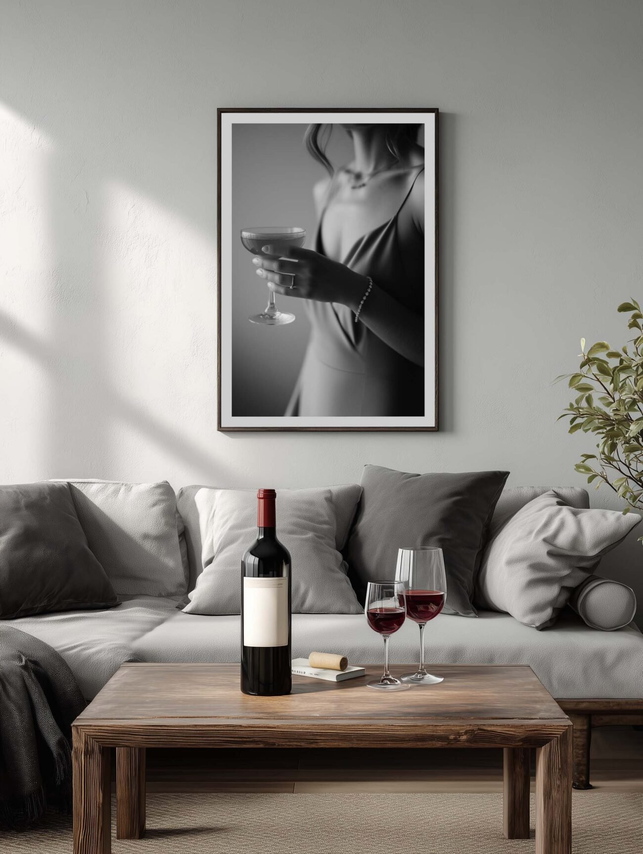 Woman Holding Champagne – Black and White Photography Poster - Image 2