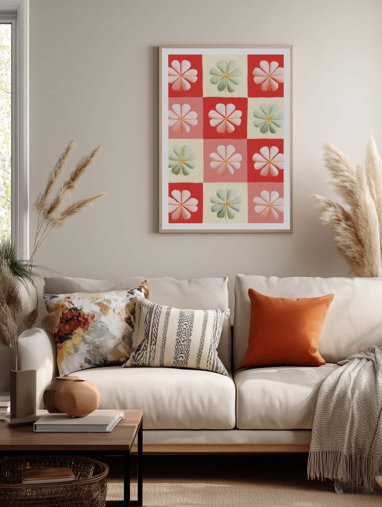 Petal Flowers Grid – Retro Floral Checkerboard Poster - Image 2