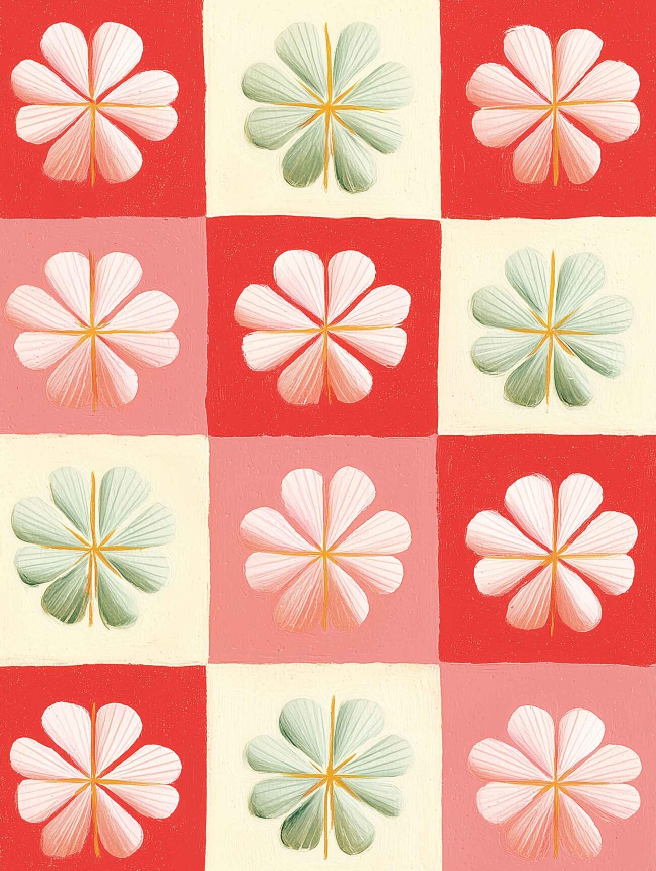Petal Flowers Grid – Retro Floral Checkerboard Poster