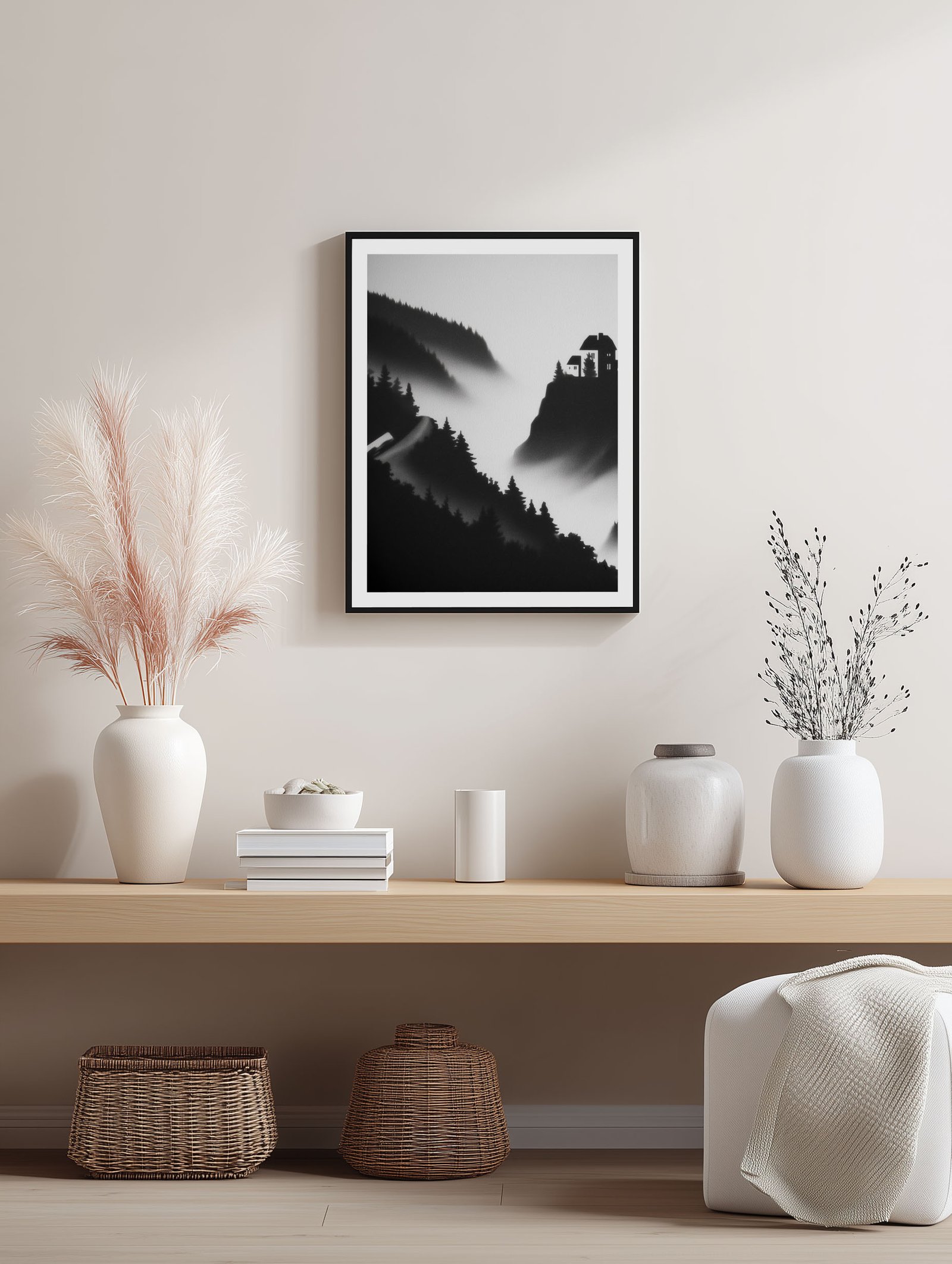 Mountain Forest Scene – Black & White Poster - Image 2