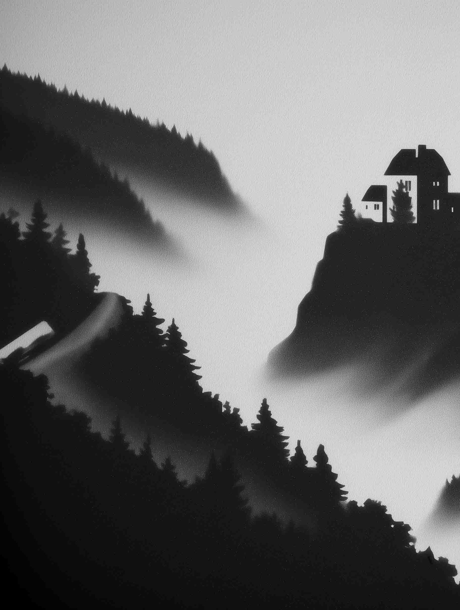 Mountain Forest Scene – Black & White Poster