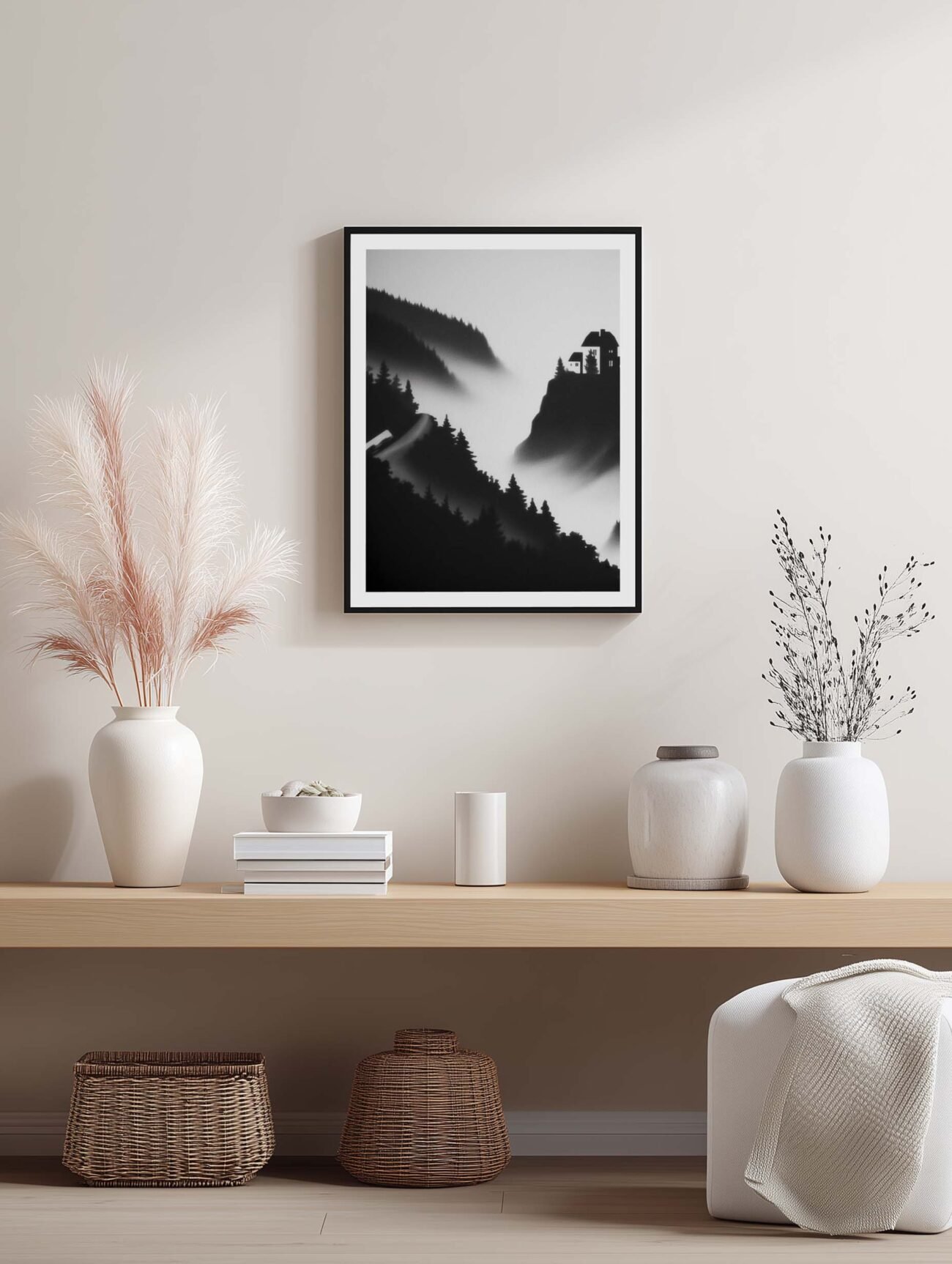 Mountain Forest Scene – Black & White Poster - Image 2
