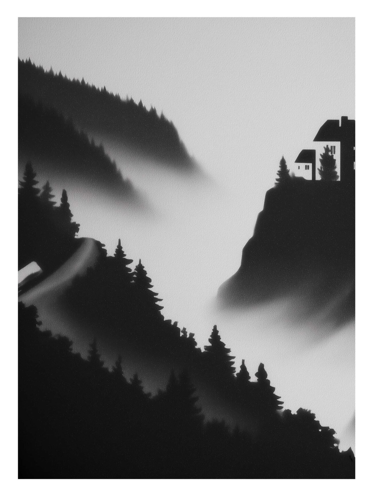 Mountain Forest Scene – Black & White Poster