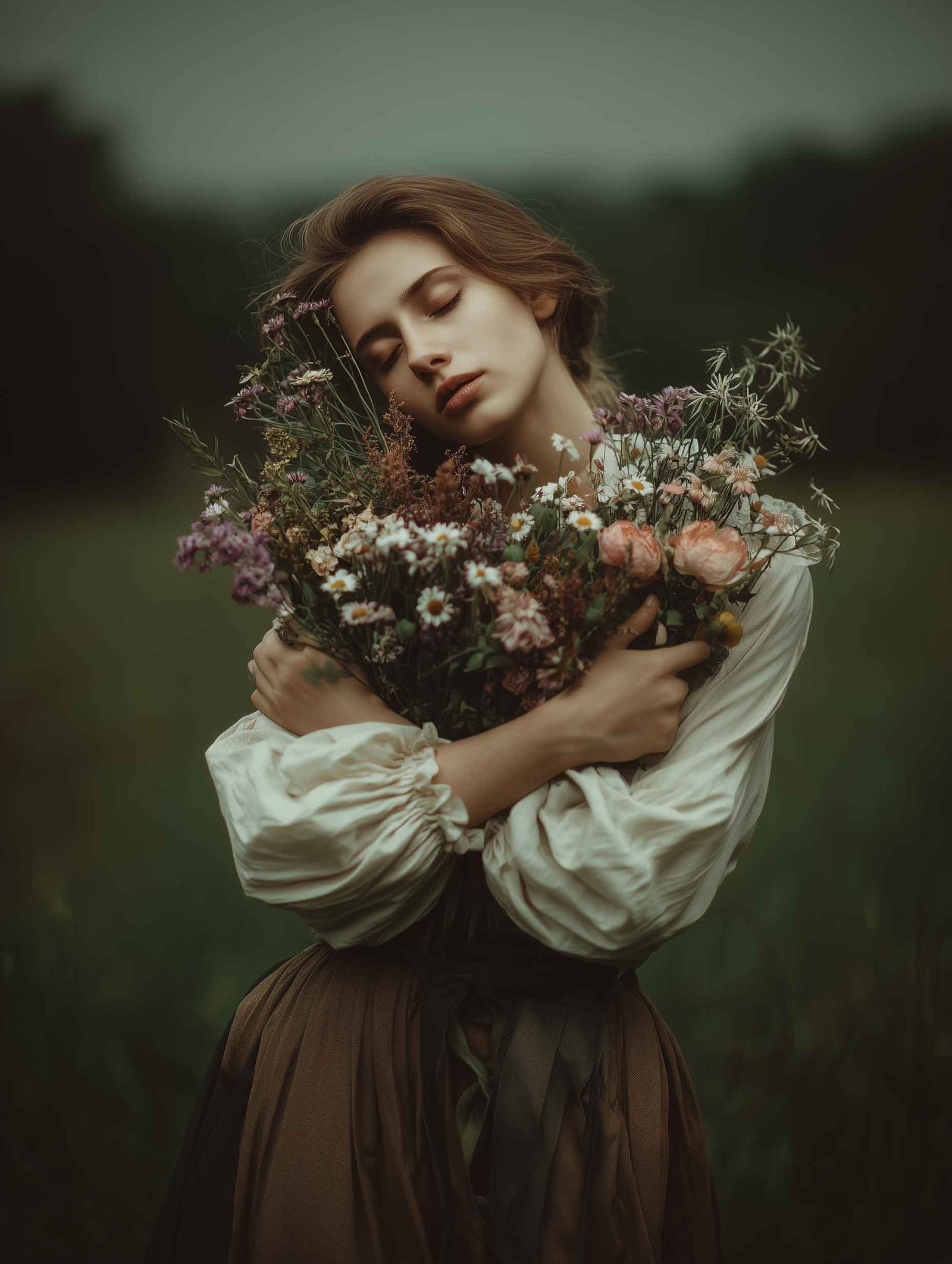 Woman Holding Wildflowers – Dreamlike Portrait Poster