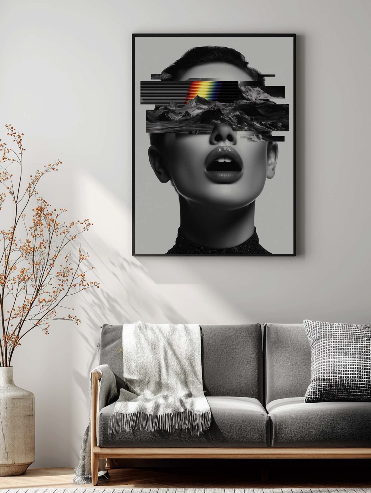 Woman Face with Surreal Glitch – Black and White Art Poster - Image 2