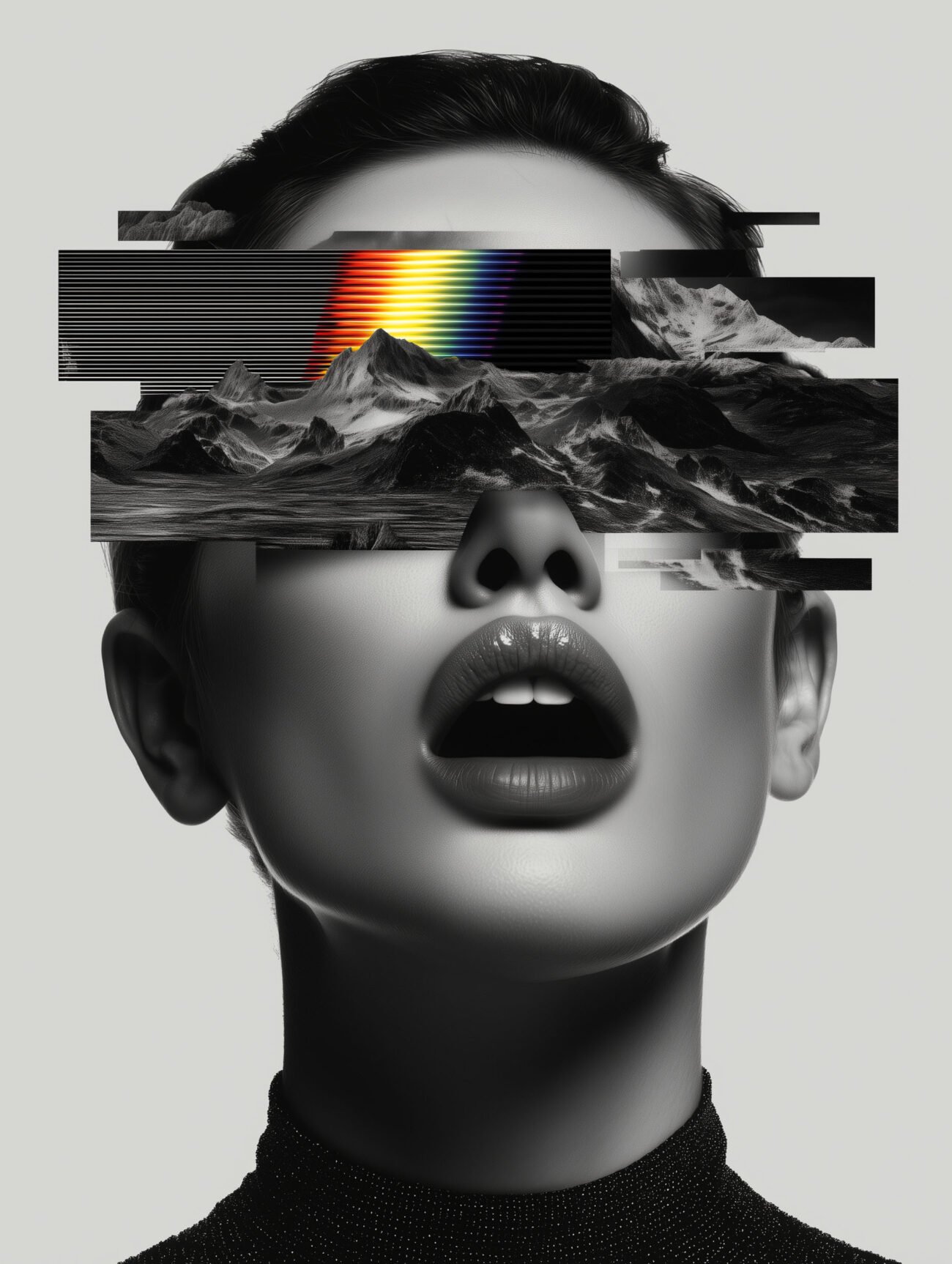 Woman Face with Surreal Glitch – Black and White Art Poster