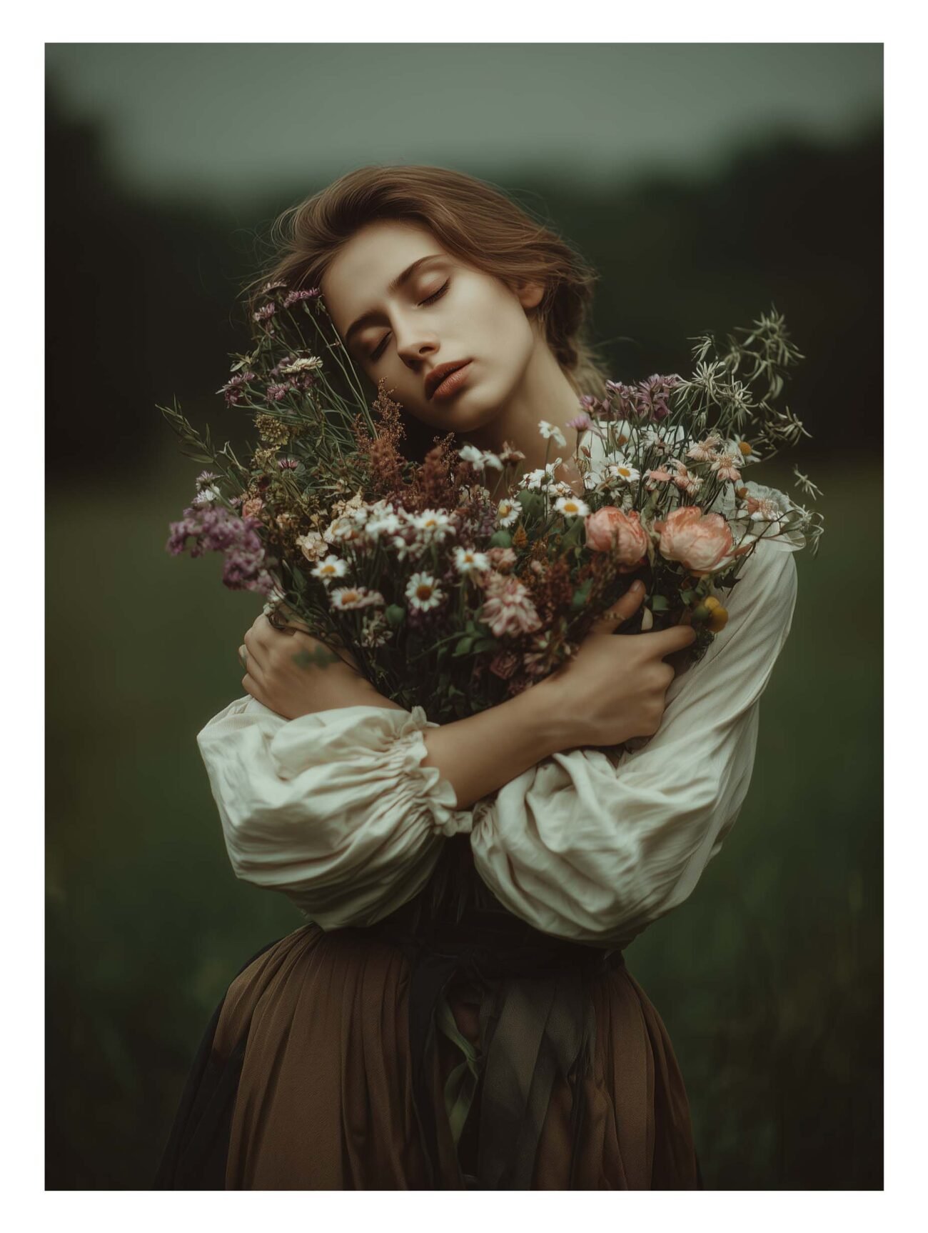 Woman Holding Wildflowers – Dreamlike Portrait Poster