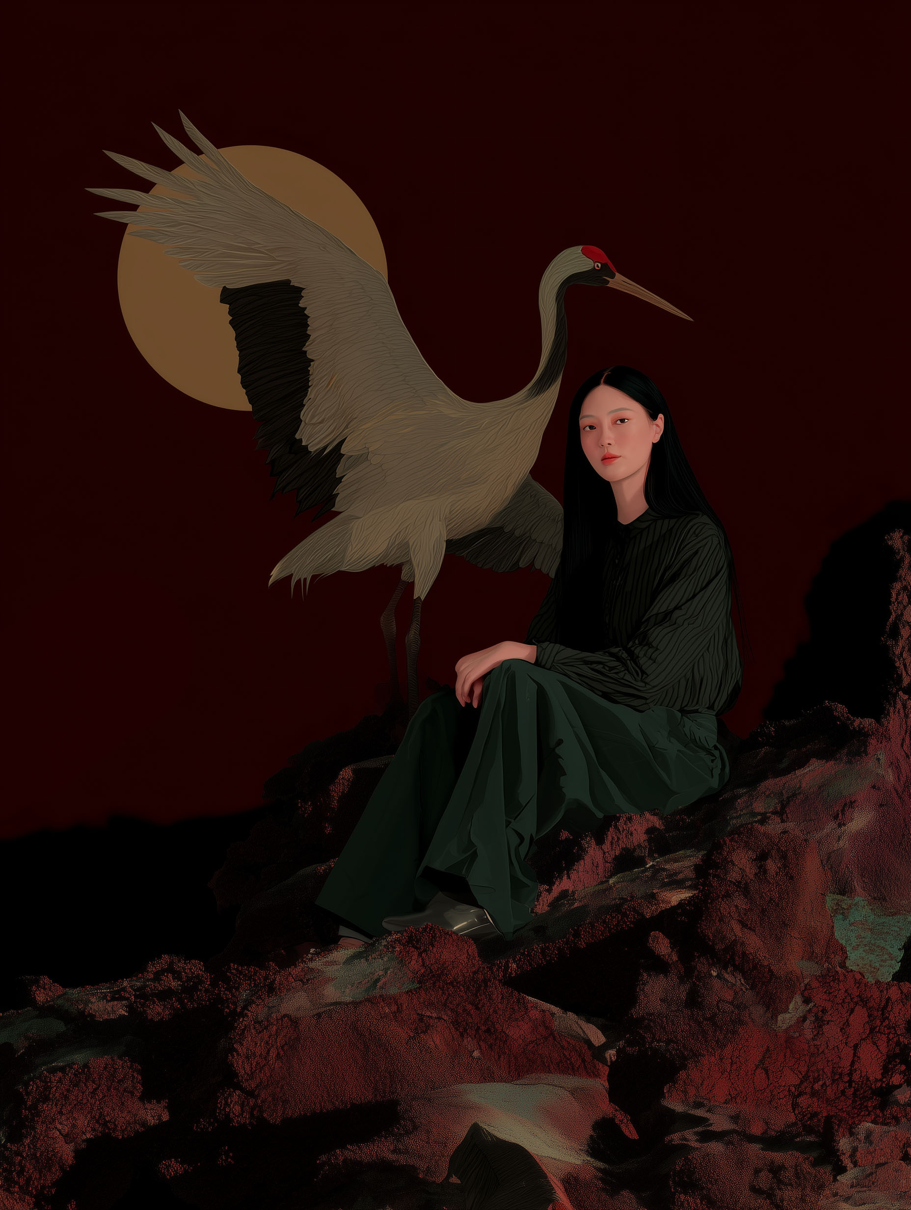 Mystical illustration in crimson and gold