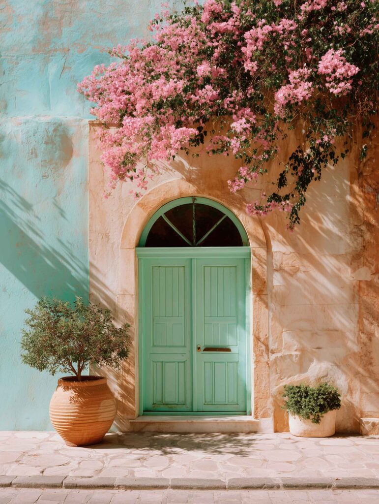 Mediterranean façade with mint door and pink bougainvillea